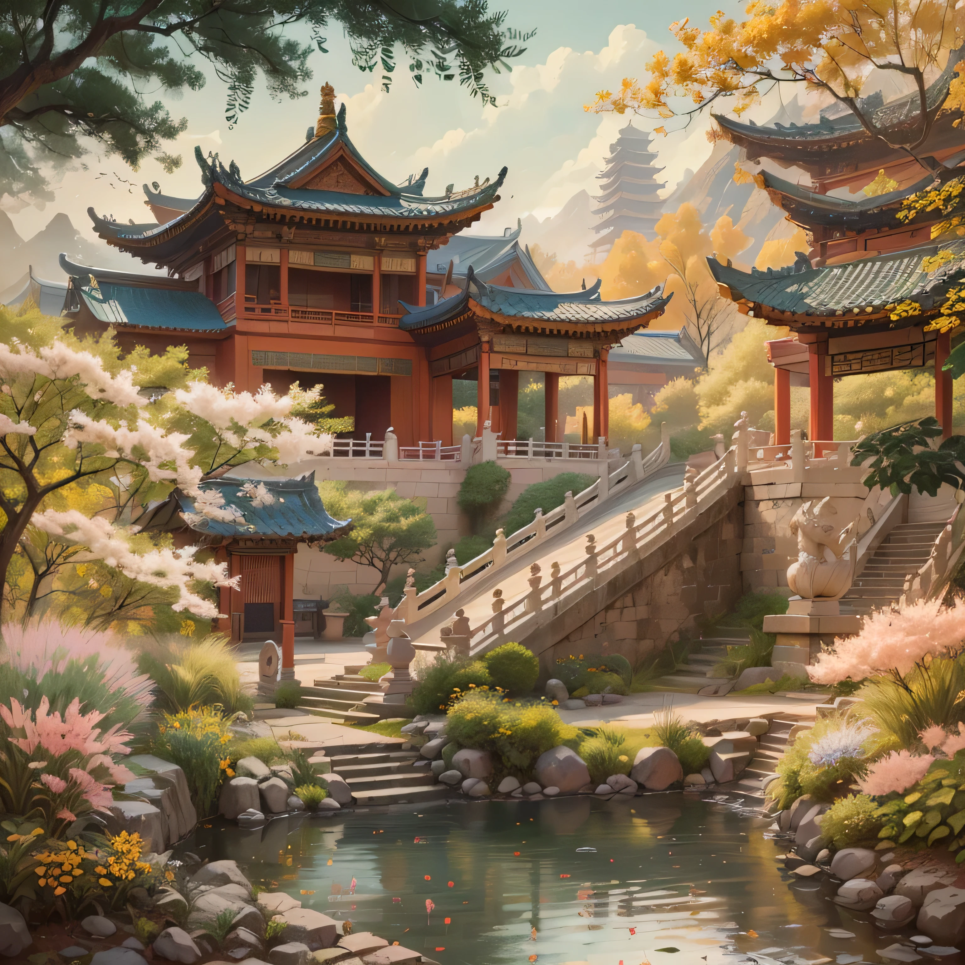 Beautiful scenery and a masterpiece of traditional Chinese architecture, (best quality, high resolution, Super detailed, actual:1.37), Capturing the essence of ancient China. The sun gently illuminates the intricate details of the ancient temple, Revealing its rich and cultural significance. Chinese paintings are colorful, (painting:1.1), Add a touch of elegance and charm to the scene. wood carving、The exquisite craftsmanship of the stone carvings enhances the overall beauty of the building. Traditional Chinese gardens around the temple,Decorated with blooming cherry blossoms and lush greenery, Create a peaceful atmosphere. The golden dragon sculpture on the roof symbolizes power and prosperity. breeze blows,leaves rustling,With a faint scent of incense, The air is filled with tranquility. The background is a distant mountain and a flowing river, (landscape:1.1), Picturesque and complete, Add depth and timelessness to artwork. Subtle play of light and shadow, (studio lighting), Add a charming aura to the scene, Further enhance its beauty. The color palette features warm and earthy tones, With a hint of bright red and dark blue, (rich and colorful, warm color palette). Attention to detail and artist's mastery#39;s extremely detailed brushwork), Artwork comes to life, Wake up people#39;Be in awe and appreciate China's rich cultural heritage.