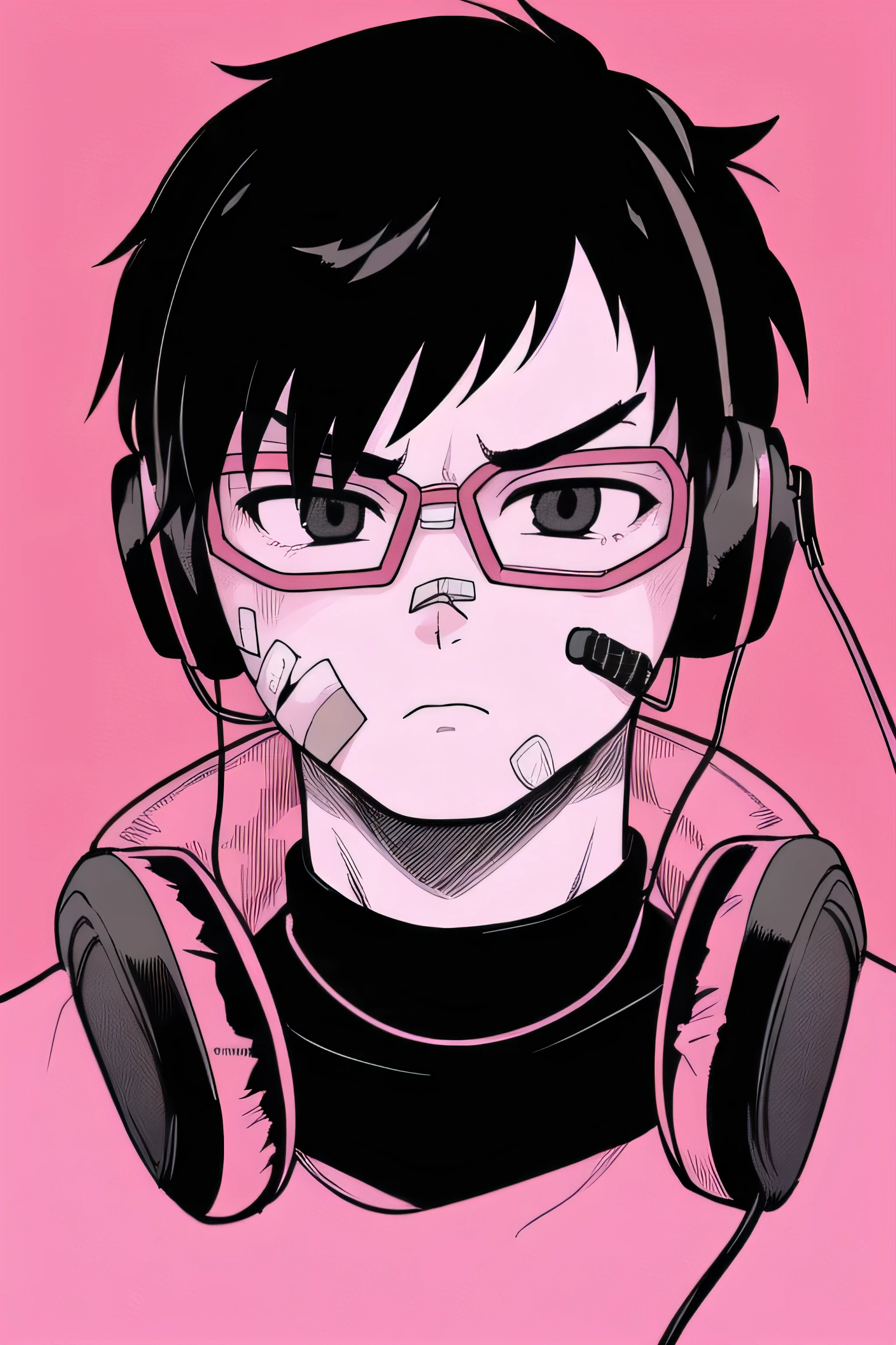 Fat young 1man, solo, serious expression, short hair, bangs, simple background, closed mouth,black hair, jacket varsity, male focus,  turtleneck, headphones, red background, goggles, portrait, bandaid, bandaid on face, cable, limited palette, pink theme, cyberpunk