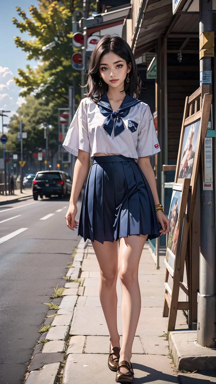 ((最high quality, 8K, masterpiece: 1.3, Ultra HD, high quality, 最high quality, High resolution, realism)) 、An extremely beautiful 18-year-old Japanese woman、hair color is black、black eye、medium hair、straight hair、smile、Slender but well-proportioned muscular body、Athlete-like body type、I don&#39;t want my head to disappear from the screen.、Walk on a high seawall at the beach、I put my hand on my forehead and look at the sea、The blue sky is beautiful、There is an entrance cloud、It&#39;s summer、sailor suit((summer clothes))wear、Wear a navy blue pleated skirt、wear loafers、There is a road in front of the breakwater、There is a bus stop