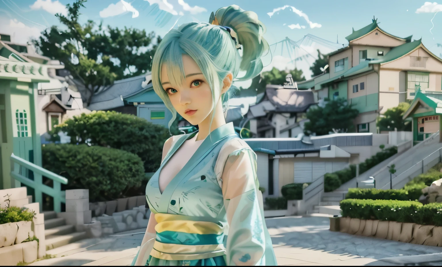 there is a woman in a blue dress and a green hair, anime girl with teal hair, anime girl in real life, anime girl cosplay, anime cosplay, beautiful anime style, realistic anime 3 d style, bulma from dragon ball, anime style. 8k, anime-style, anime style 4 k, anime style, realistic anime art style, anime styled