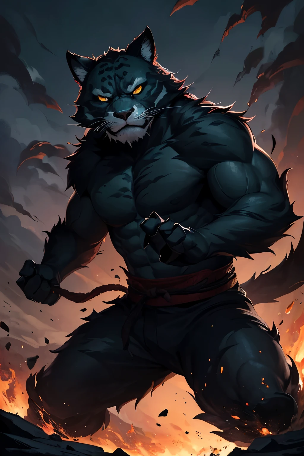 Um gato preto, anthro, musculoso, sem roupa, estilo anime, High resolution 4K
