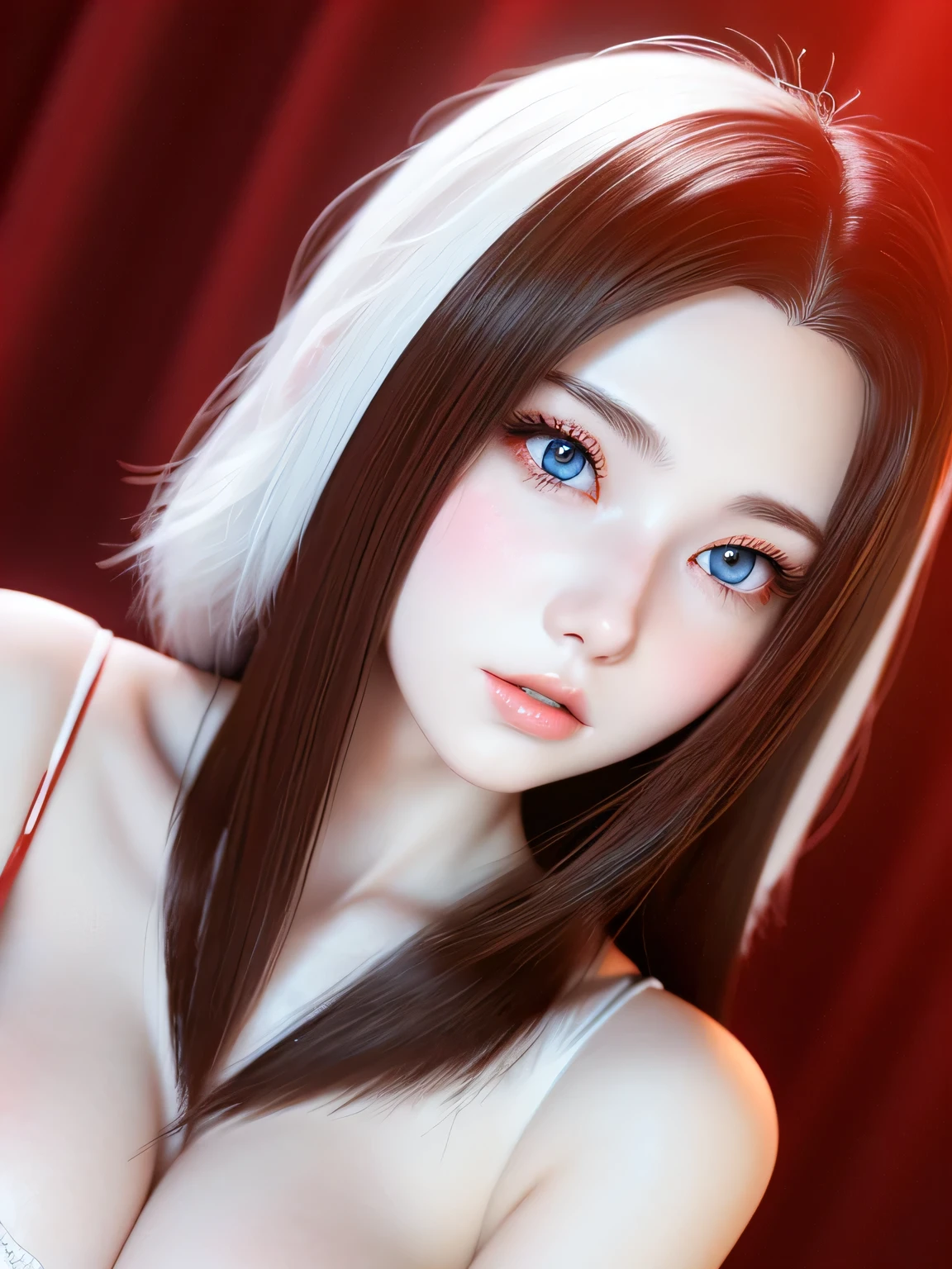 18 year old female,Milky white long hair,red eyes,very huge breasts,perfect hands,((3D anime style)),