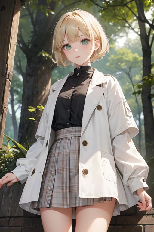 whole body、(8K, highest quality, masterpiece:), precise fingers、short hair girl, thick bangs, Medium chest、ash blonde hair, neutral expression, green eyes, white skin, Peering into the distance、Trench coat x checked pattern skirt