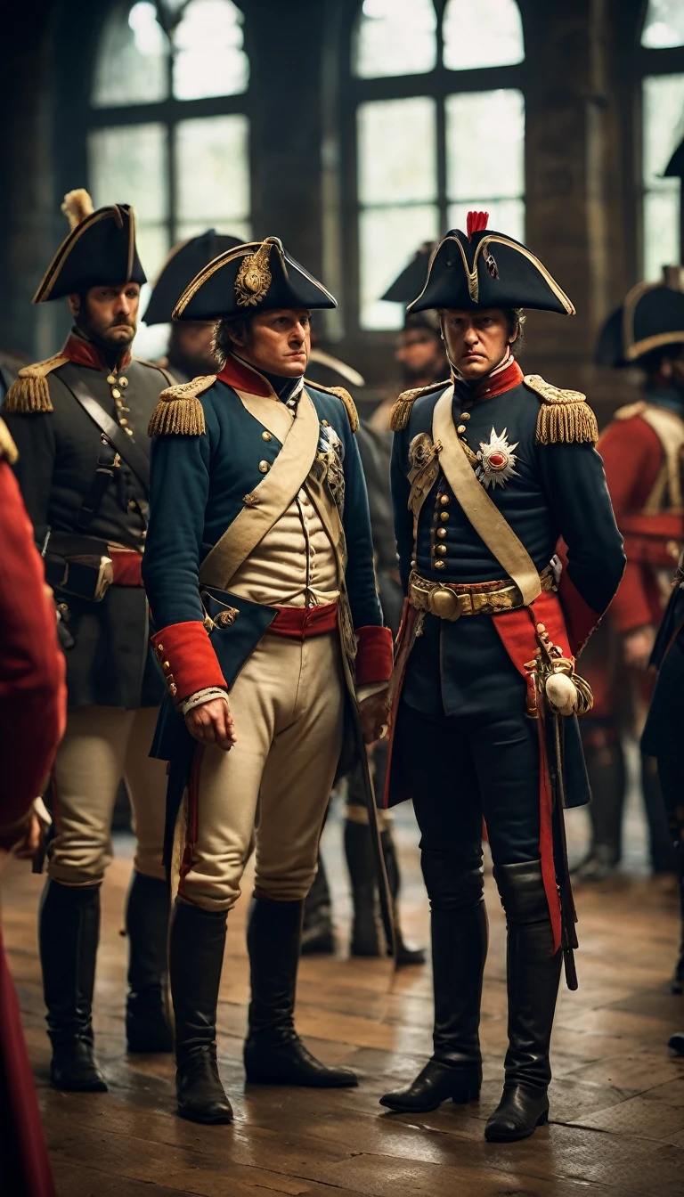 Reenact scenes of Napoleon strategizing with his generals before the campaign, background dark, hyper realistic, ultra detailed hyper realistic, photorealistic, Studio Lighting, reflections, dynamic pose, Cinematic, Color Grading, Photography, Shot on 50mm lens, Ultra-Wide Angle, Depth of Field, hyper-detailed, beautifully color, 8k