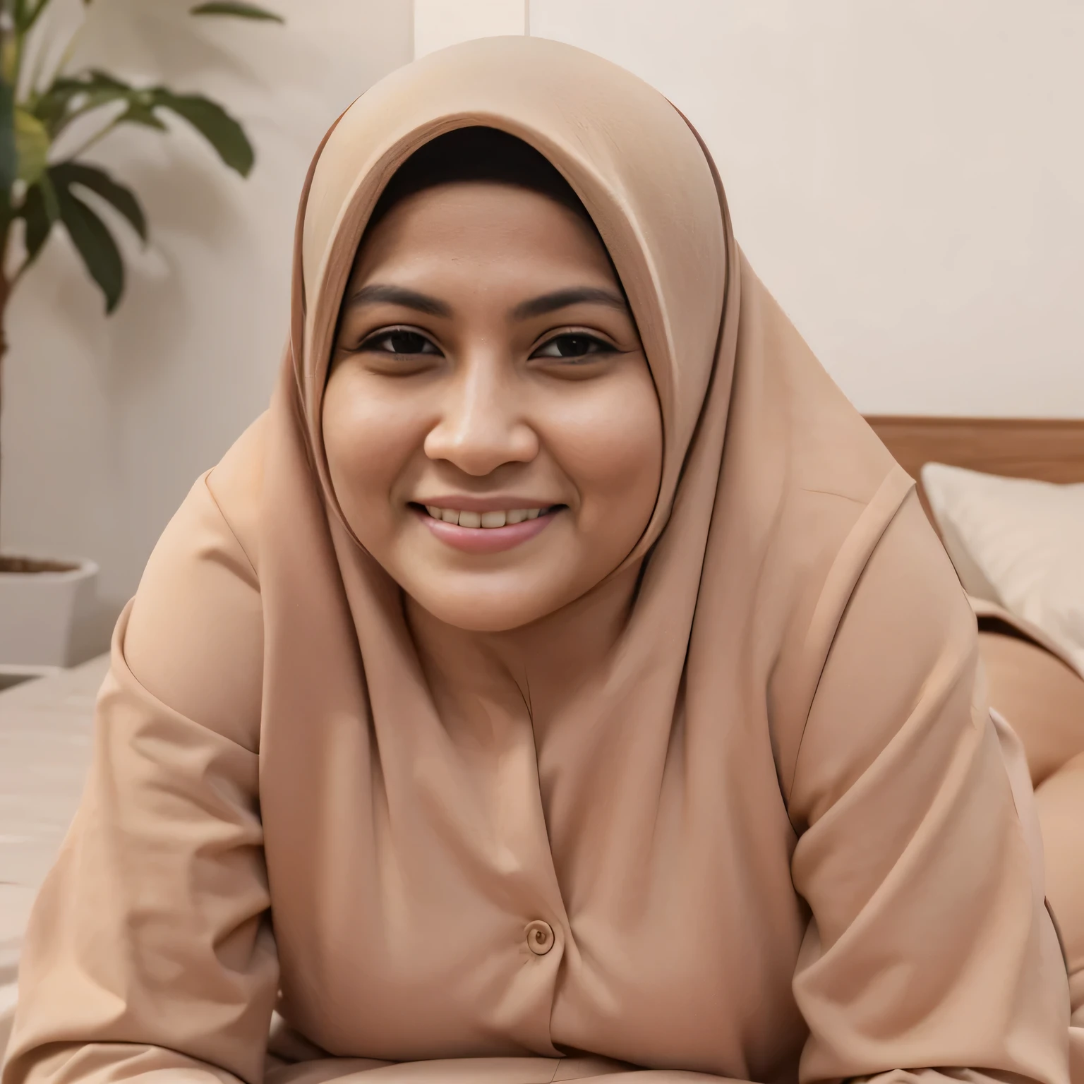 ((best quality)), ((masterpiece)), (detailed), 4K, perfect face, malay woman, 30 years old Man, 25 years old malay woman wearing hijab and unbuttoned pyjamas, having sex, on bed, smile, orgasm, slightly chubby face but skinny body