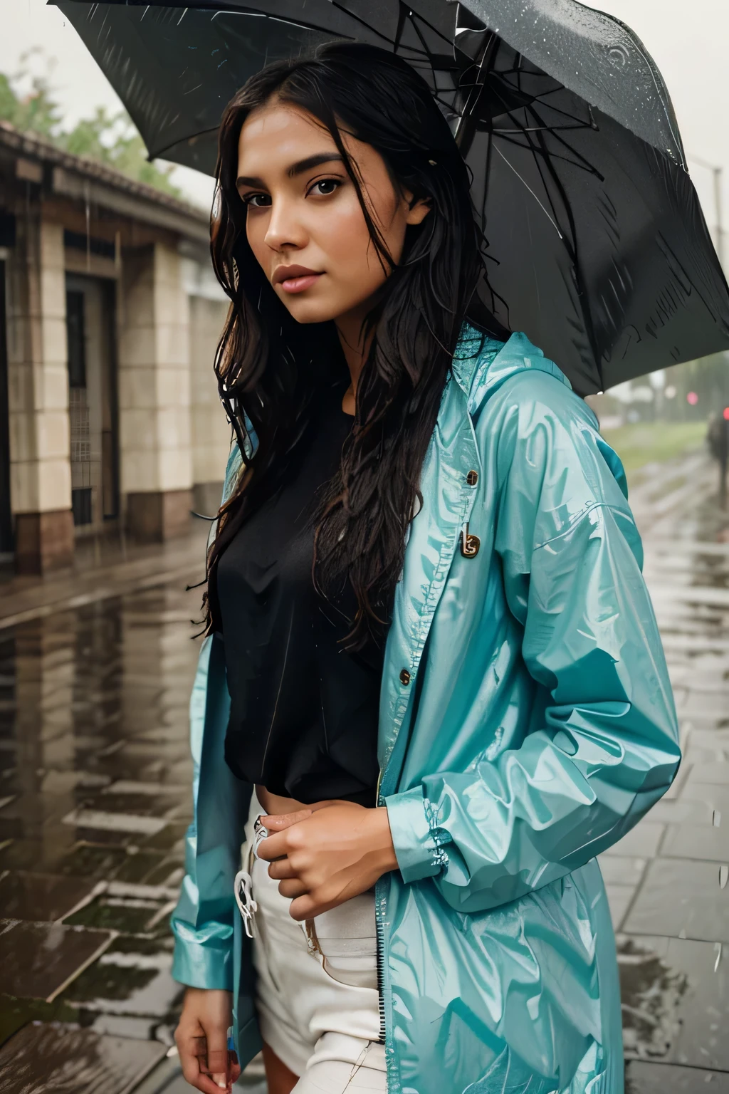 pretty girl exotic in the rain shot with wet hair and clothes poto realistic