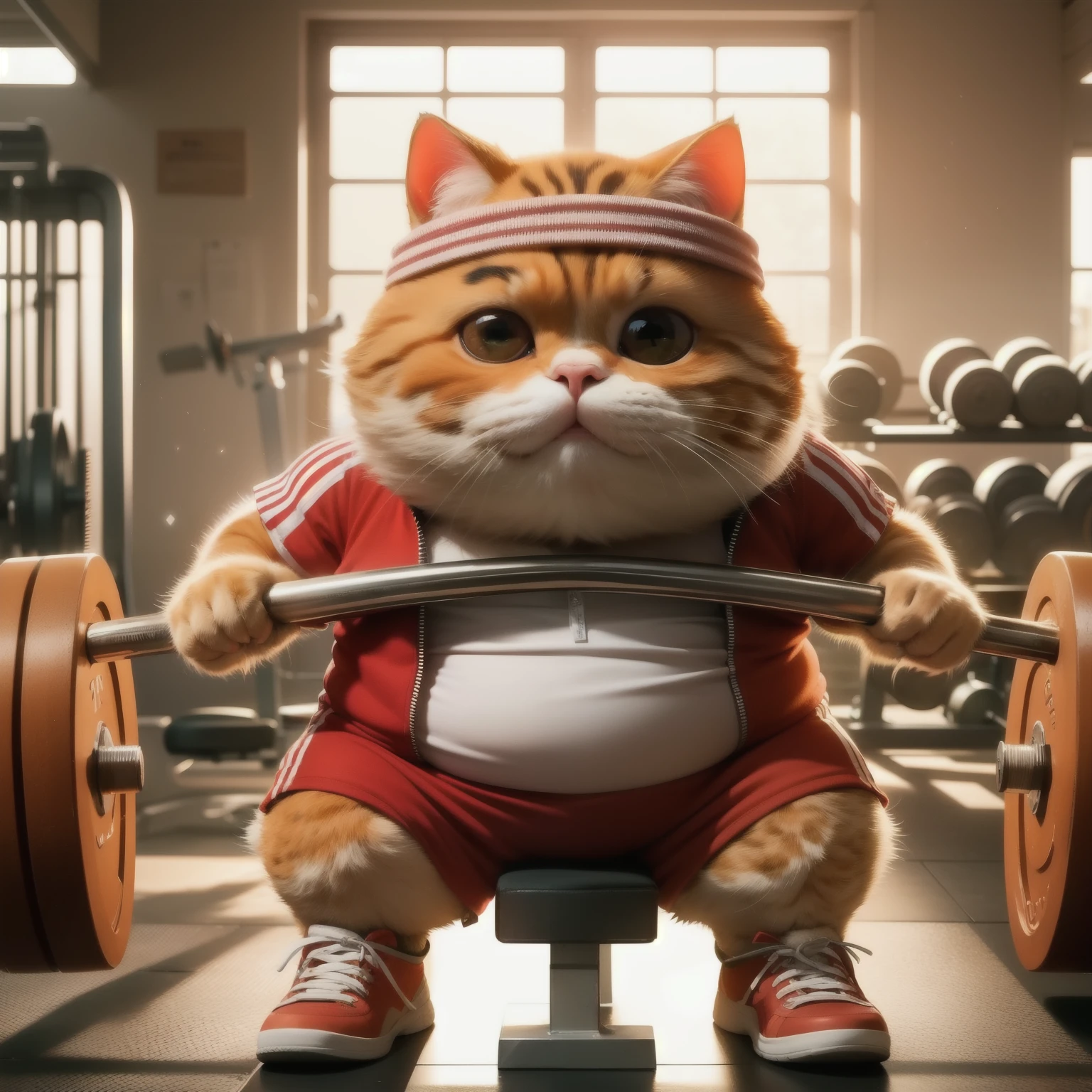 there is a cat that is sitting on a bench with a barbell, chonker cat, anime visual of a cute cat, garfield the cat, fat cat superhero, new cats movie, working out, fat cat, ginger cat, fierce expression 4k, lifting weights, muscular!!, amazing cgi, garfield, the cat is orange, chris evans as a powerlifter