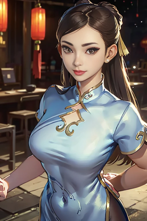 masterpiece、1 beautiful girl、fine eyes、puffy eyes、highest quality, 超High resolution, (reality: 1.4), movie lighting、asian beauty、super beautiful、beautiful skin、body turns forward、close up of face、(超reality的な)、(High resolution)、(8K)、(very detailed)、(美しくfine eyes)、(Super detailed)、 (wall-)、detailed face、bright lighting、professional lighting、looking at the viewer、look straight ahead、slanted bangasterpiece, highest quality, masterpiece, highest quality, perfect face, perfect brown eyes with white sclera, bad move-5, alone, 1 girl, brown hair, From SF6, smile, wide hips, muscular woman, big breasts、blue chinese clothes, slit、pantyhose,