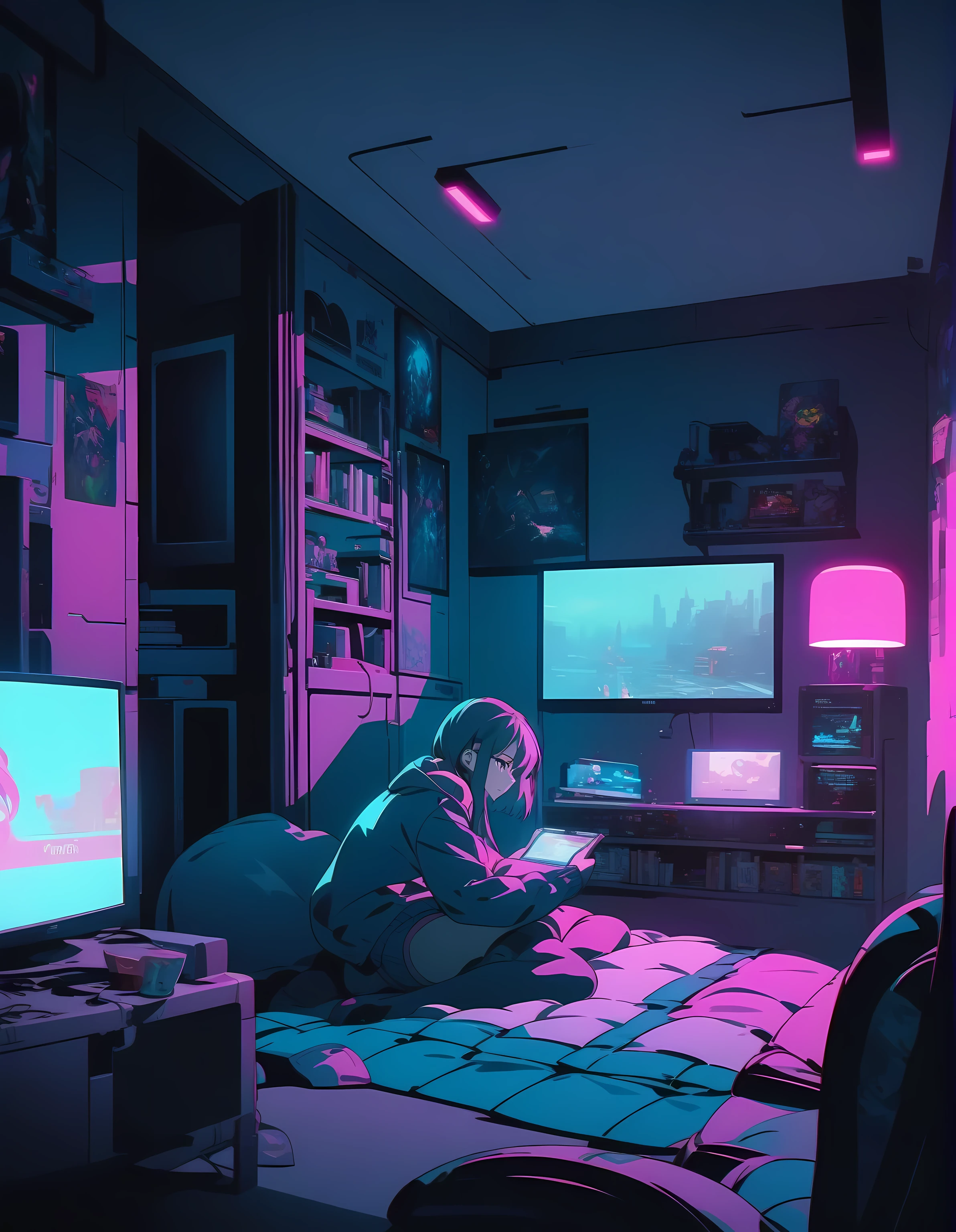 there is a girl sitting on a bed in a room playing video games, big television, teen room with books, cyberpunk, inspired by Liam Wong, at night, dark room, lo-fi illustration style, gamer room, studying in the room, cyril rolling over and m.w kaluta, teen room.