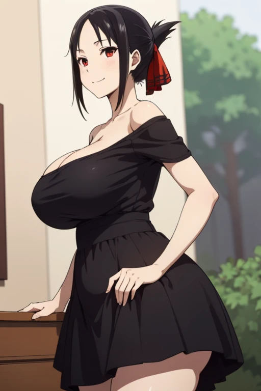 best quality, (masterpiece:1.2), detailed, shinomiya kaguya, 1girl, solo, closed mouth, light smile, black hair, red eyes, short hair, folded ponytail, hair ribbon, black dress, dress pulled down, topless, red ribbon, standing, looking at the viewer, huge breasts, huge ass, huge thighs, narrow waist, wide hips, thick thighs, curvy