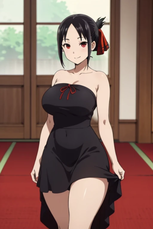 best quality, (masterpiece:1.2), detailed, shinomiya kaguya, 1girl, solo, closed mouth, light smile, black hair, red eyes, short hair, folded ponytail, hair ribbon, black dress, dress pulled down, topless, red ribbon, standing, looking at the viewer, huge breasts, huge ass, huge thighs, narrow waist, wide hips, thick thighs, curvy