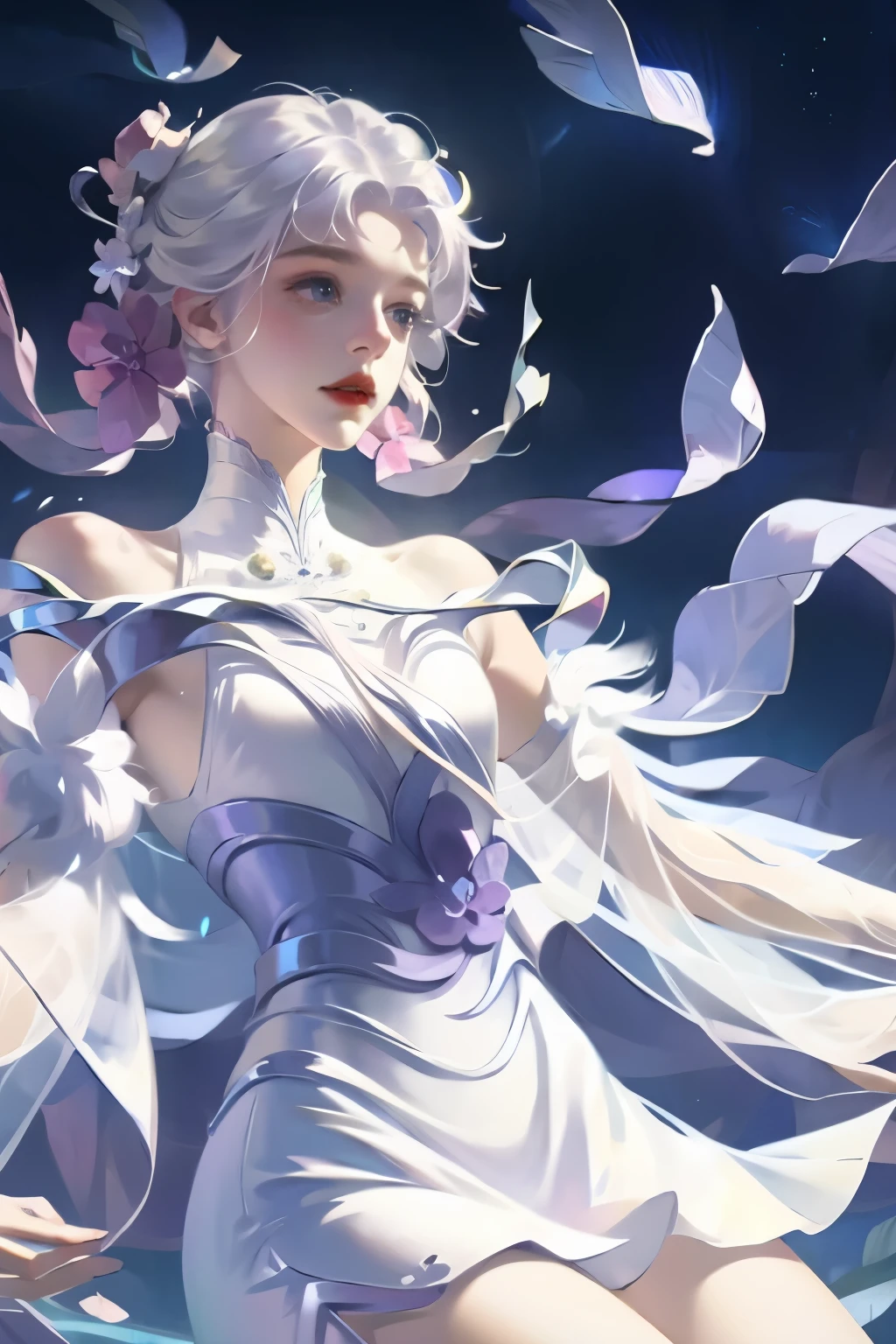 1 girl，clear water，blue butterfly，Pure white gauze skirt，sparkling，Upper body close-up
