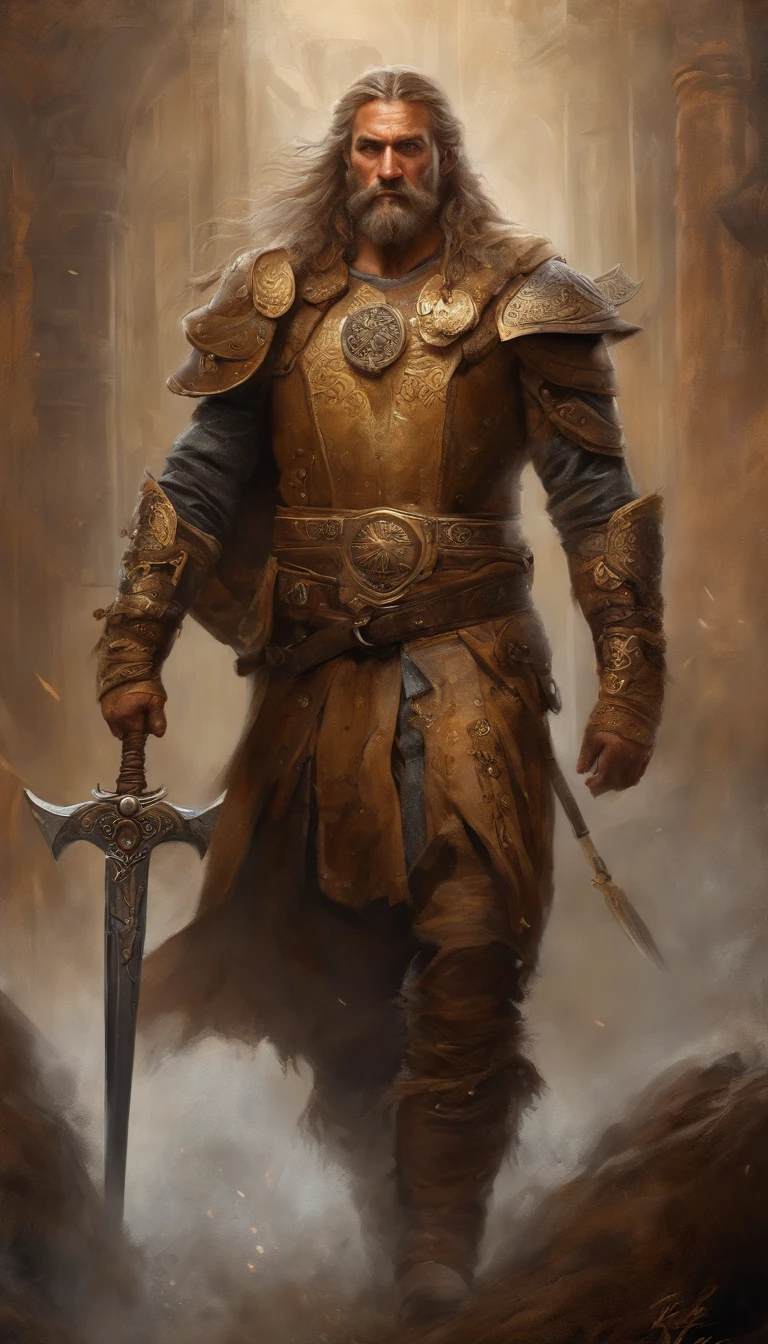 A man in a brown outfit with a horned head and a sword, very detailed character, viking warrior, epic viking king, Norse ancient epic hero, muscular long-haired with tattoo Filipino God of War, model shooting style, (extremely detailed CG 8k wallpaper), body photo of the most beautiful work of art in the world, medieval armor, body portrait, Nimrod the first king of Babylon, hunter, barbarian, macho, majestic professional oil painting by Ed Blinky, Atey Gaylan, Studio Ghibli, Jeremy Mann, Greg Munchess, Antonio Moro, trend on ArtStation, trend in CGSociety, difficult, High detail, sharp focus, dramatic and photorealistic painting by Midjorney and Greg Rutkowski
