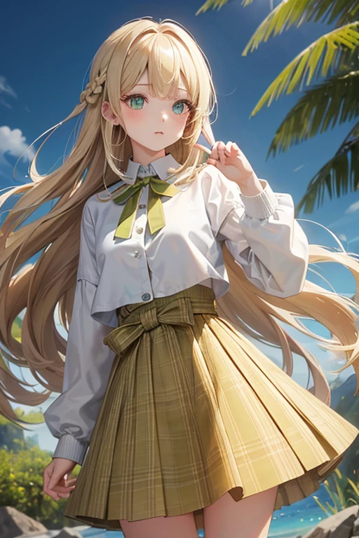 whole body、(8K, highest quality, masterpiece:), precise fingers、random pose、long hair girl, thick bangs, Medium chest、ash blonde hair, neutral expression, green eyes, white skin, Peering into the distance、Trench coat x checked pattern skirt