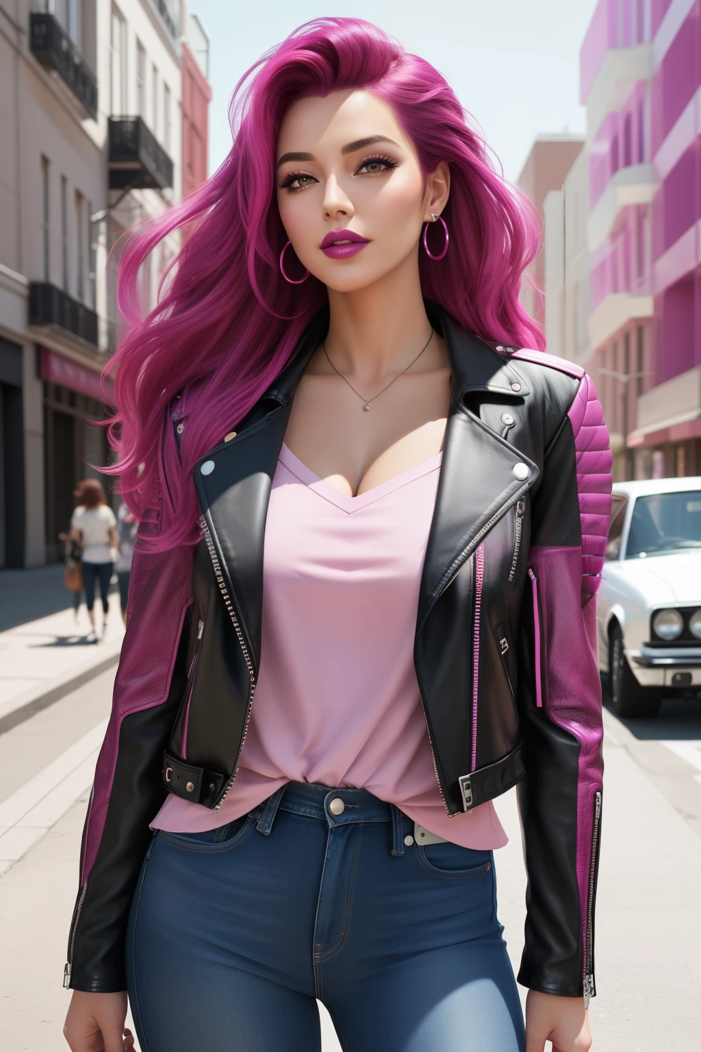Lucy Pinder, Face portrait, face, cleavage, ((Pink lipstick)), smiling, curly hair, black hair, long hair, black leather jacket, very chubby woman