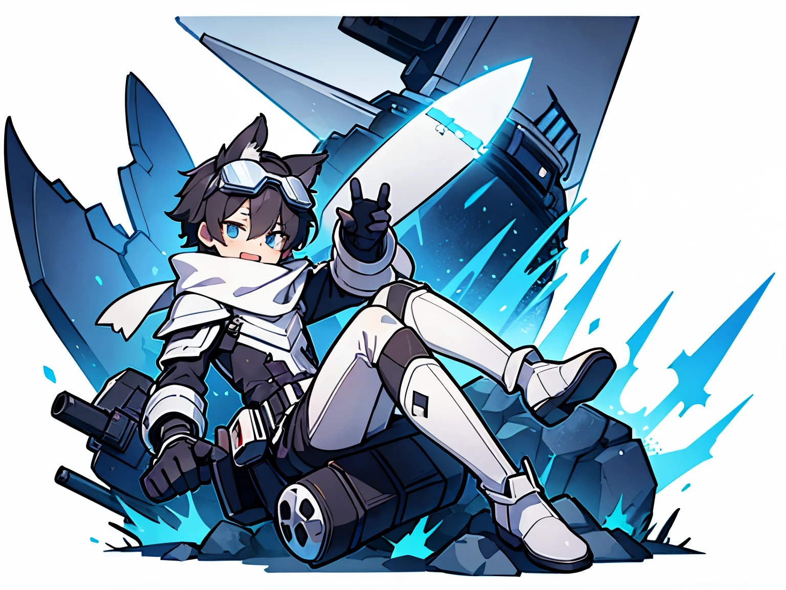 ((1 boy))，solo，straight hair，wolf ears，((blue ski goggles on head)) , Painful face，grit your teeth, bloodstains，close one eye,(transparent background)，(Blue and white full body mechanical armor)，turtleneck bodysuit，scarf，white boots, scars，put hands up ,Shadow effects, anatomically correct，fall forward