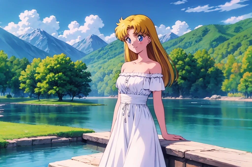 1990s \(style\), masterpiece, best quality, highres, outdoors, small breasts, 1 girl, Solo, UsagiTsukino, Blue Eyes, Beautiful Detail Eyes, Yellow Medium Hair, Straight Hair, Good hands are down, Smile, Blushing, Bare Neck, Bare Shoulders, strapless, White Ruffle Off-the-Shoulder maxi dress. Cowboy shot. A landscape of blue skies, a mountain, a far away mansion, a lake and a green valley. In the center. Walking in bare feets.