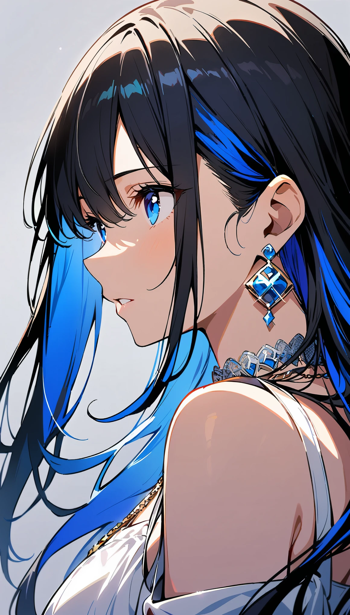 8K wallpaper, masterpiece, Cinema lighting, Best quality, illustration, dramatic angle, ((color: 1.1)), ((color inner hair: 1.4)), 1 girl, One, long hair, water, Blue eyes, black glasses, Necklace, parted lips, white Necklace, Thin hair, black hair, bang, from Side, Side, upper body, simple background, Gray background, bare shoulders, portrait, I look at the audience, White dress, hair between eyes, White background, earrings.