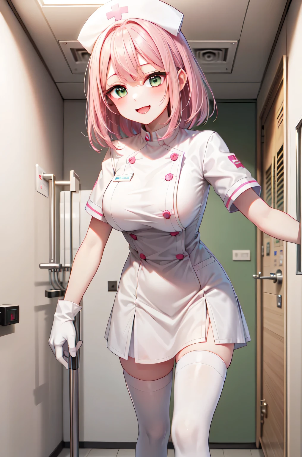 1girl, solo, nurse, white nurse cap, white nurse uniform, ((white legwear, zettai ryouiki)), white gloves, pink hair, green eyes, drooping eyes, smile, standing, ((hospital room)), sharp outline, short sleeves, best quality, masterpiece