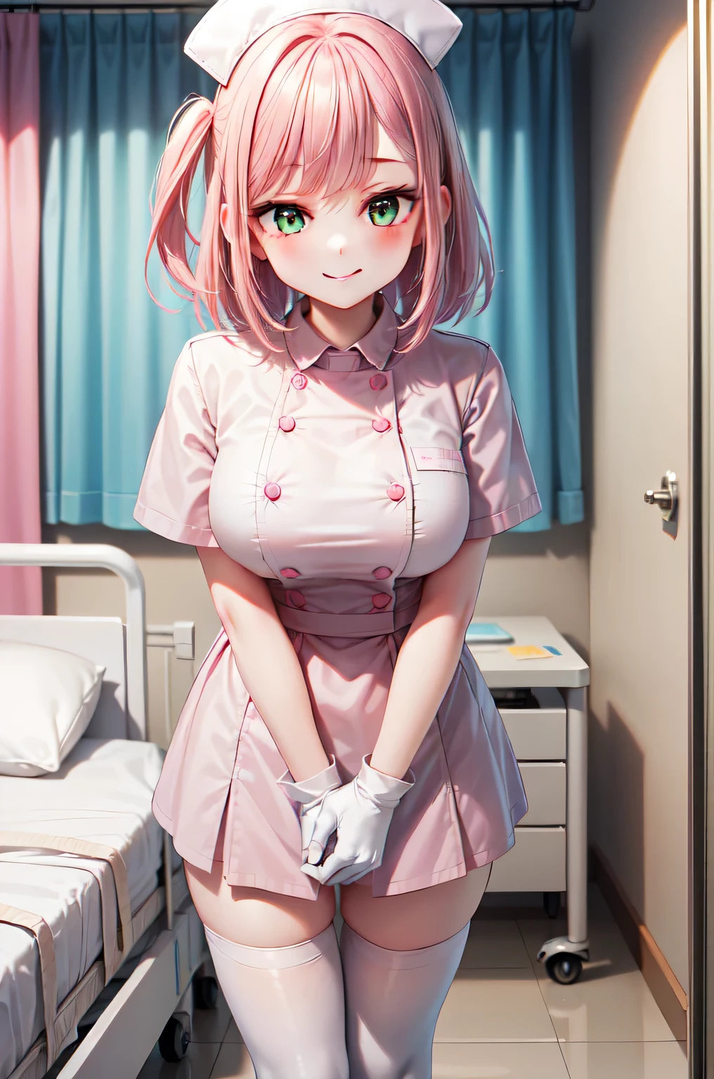 1girl, solo, nurse, white nurse cap, white nurse uniform, ((white legwear, zettai ryouiki)), white gloves, pink hair, green eyes, drooping eyes, smile, standing, ((hospital room)), sharp outline, short sleeves, best quality, masterpiece