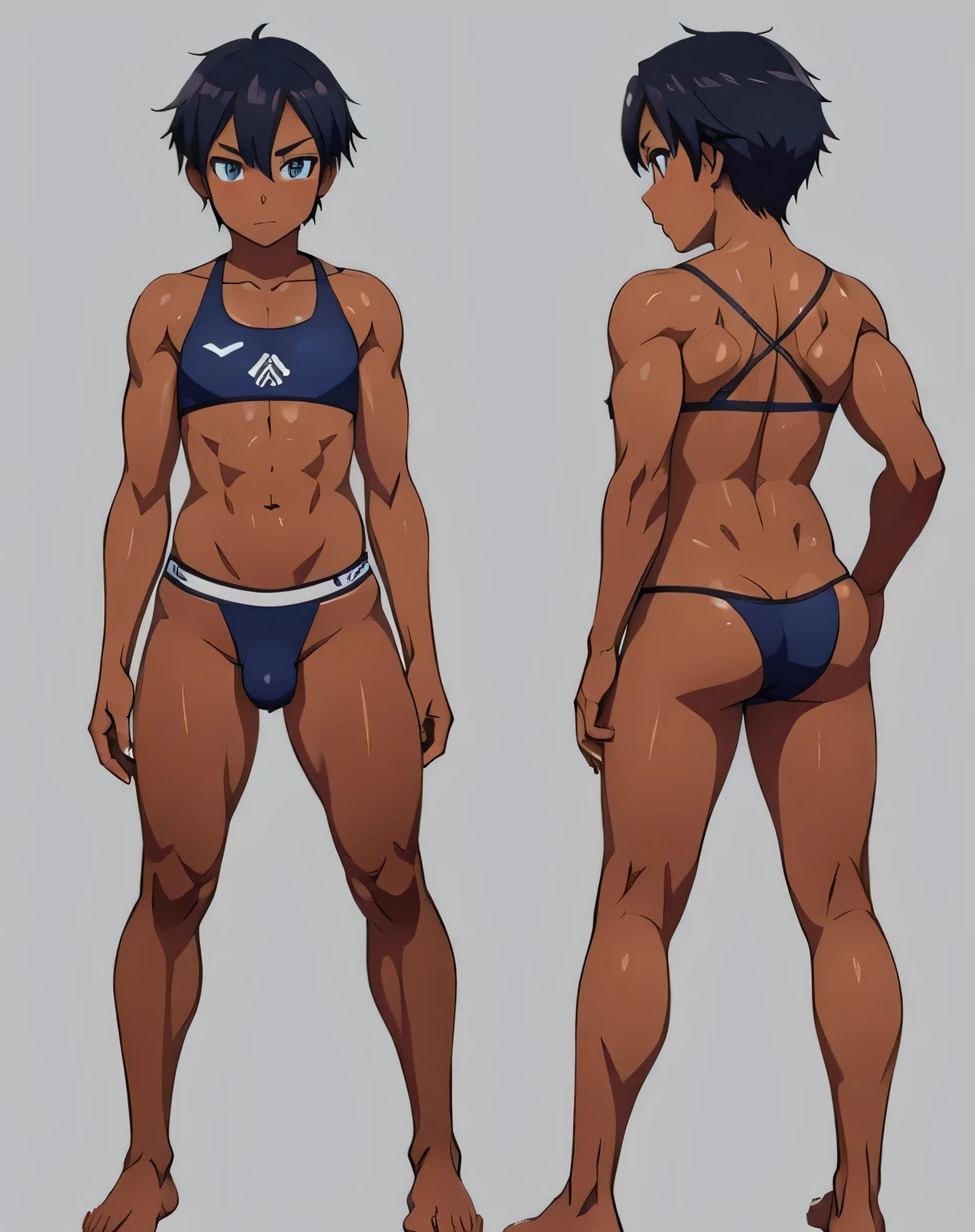 Anime boy, skimpy clothes, barefoot, feet visible, slightly muscular, dark skin