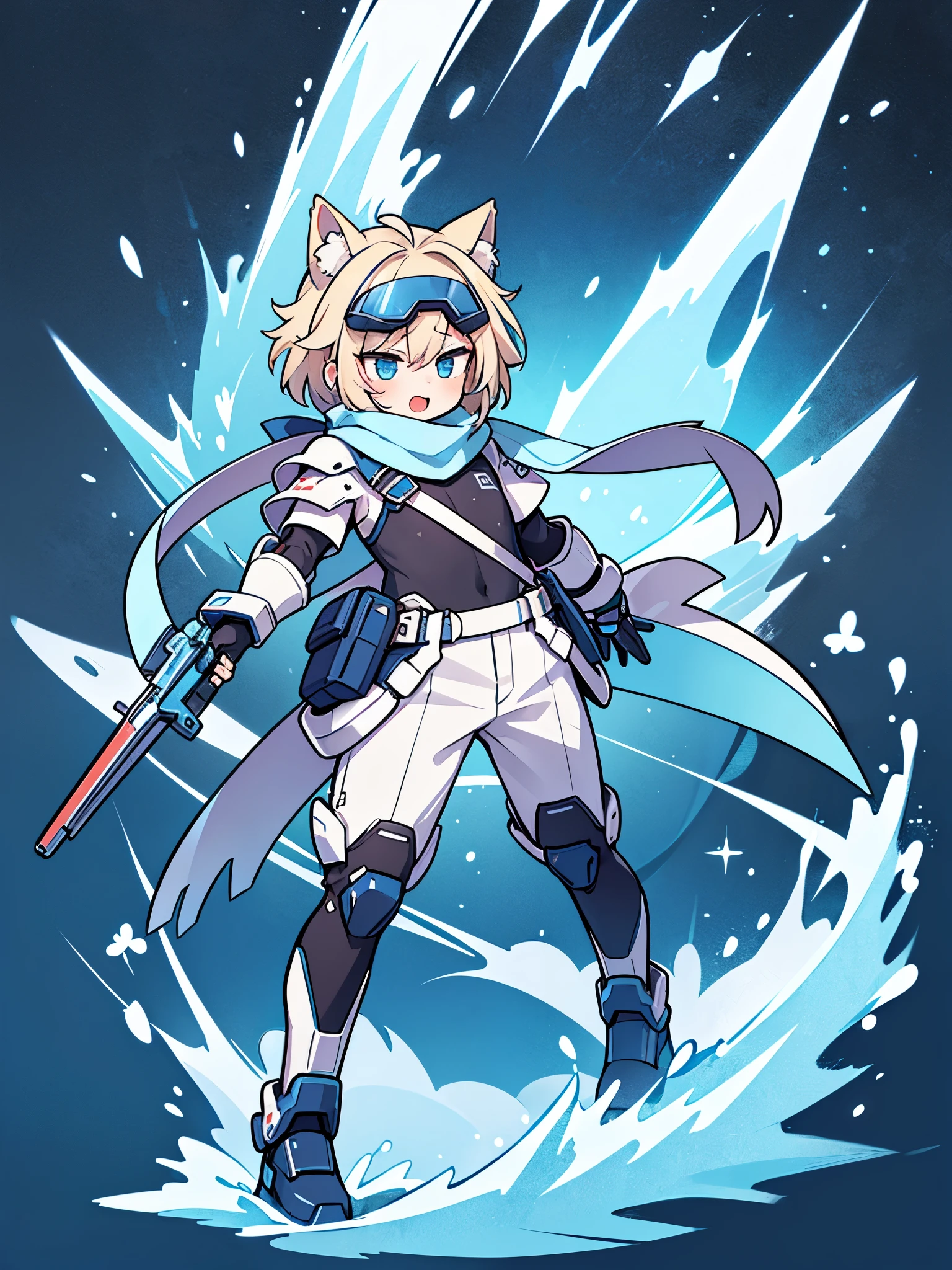 ((1 boy)),solo,illustration,wolf ears,((blue ski goggles on head)) , yawn,(transparent background),(Blue and white full body mechanical armor),turtleneck bodysuit,scarf,white boots, anatomically correct,slouch