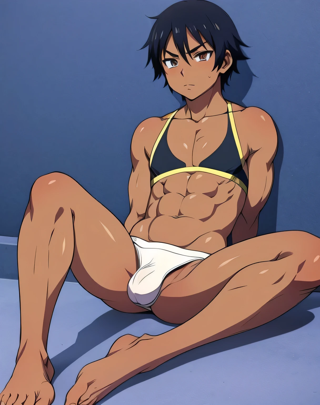 Anime boy, skimpy clothes, barefoot, feet visible, slightly muscular, dark skin