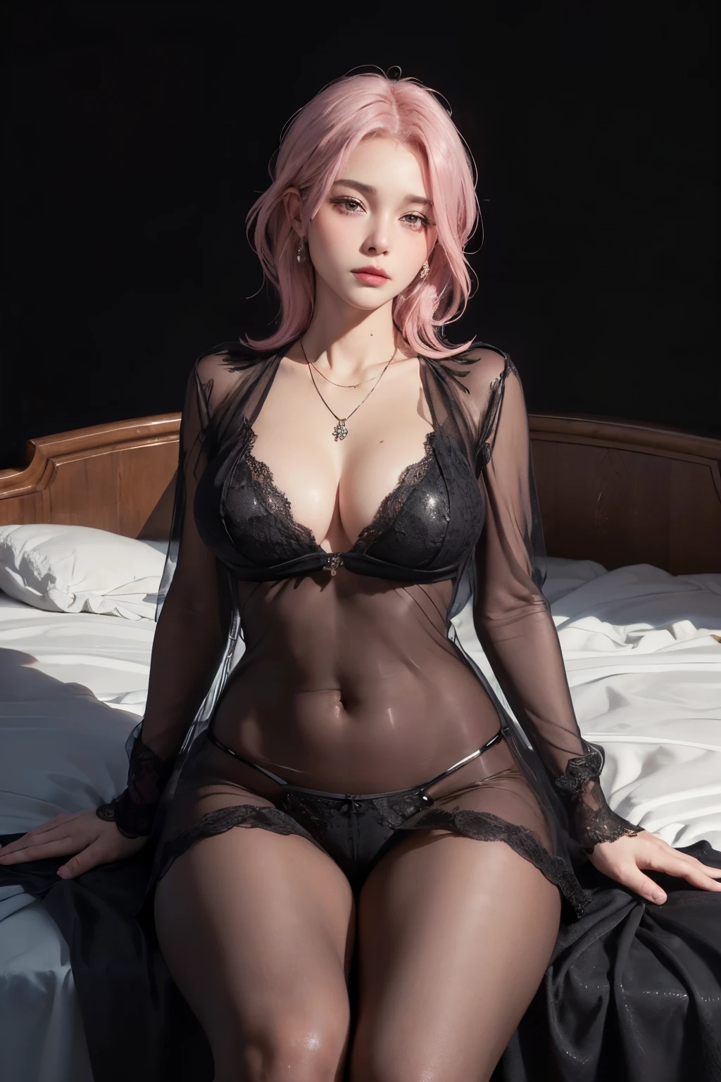 1 England high borne girl, (on a royal luxury bed:1.2), ((grab breasts, squeezed breasts, spread legs, look away from camera, eyes half closed, lewd pose)), lighting(realistic path tracing, high light), (Masterpiece, Best Quality, photo realistic, 8K resolution), face((blushed face):1.4), hair(pink hair), body(slender body, perky nipples, slim abs), ((firm rounded breasts, shiny skin):1.2), clothes((designer-made luxury black see-through clothes, lace underwear with deep cleavage, luxury necklace):1.2), high detail, shiny skin,