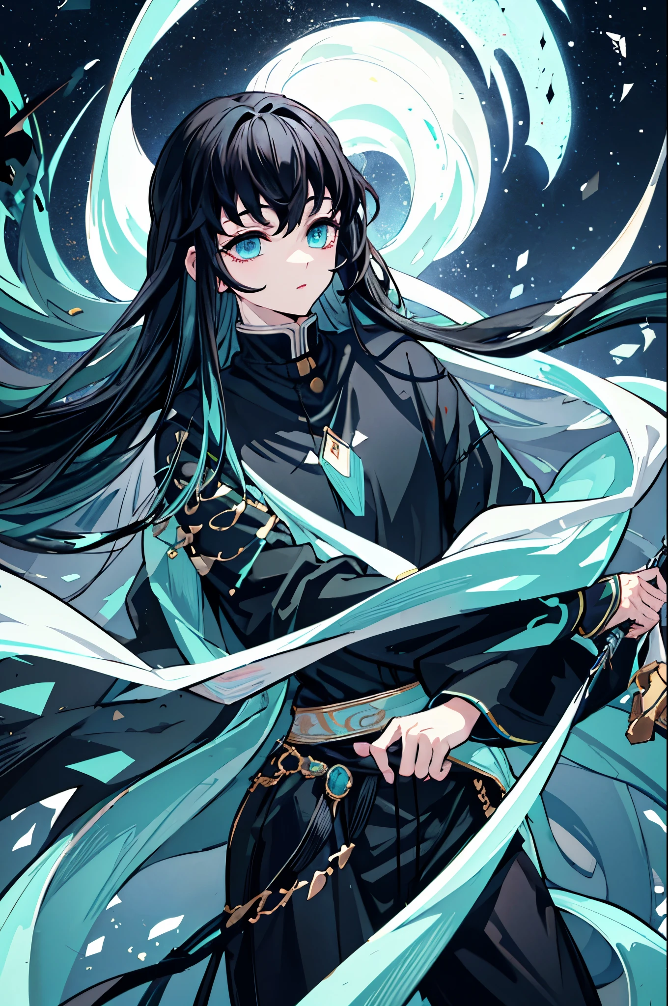 highest quality、highest quality、Super detailed、perfect face、very detailed、perfect human body、Very delicate and detailed、1 boy、long black hair、hair is down to the waist、The ends of the hair are mint green、light blue eyes、Wearing a big black hoodie、black pants、night、detailed background