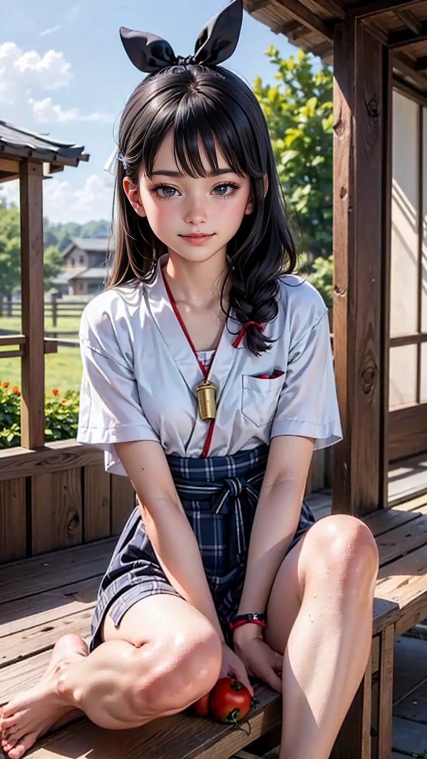 ((最high quality, 8K, masterpiece: 1.3, Ultra HD, high quality, 最high quality, High resolution, realism)) 、A stunningly beautiful 22-year-old Japanese woman、hair color is black、black eye、medium hair、straight hair、smile、Slender but well-proportioned muscular body、Athlete-like body type、I don&#39;t want my head to disappear from the screen.、Wearing accessories on your wrist、Wearing red nail polish、I have a peticure、Sitting on the veranda of a Japanese house in the Japanese countryside、It&#39;s summer、A wind chime is hung in front of the eaves.、barefoot、There is a basket full of tomatoes and carrots on the veranda.、The basket is made of woven bamboo strips、A courtyard spreads out in front of the verandah.、There is a well with a hand pump in the courtyard.、wear a yukata、smile((smile))、hair band((hair ribbon))