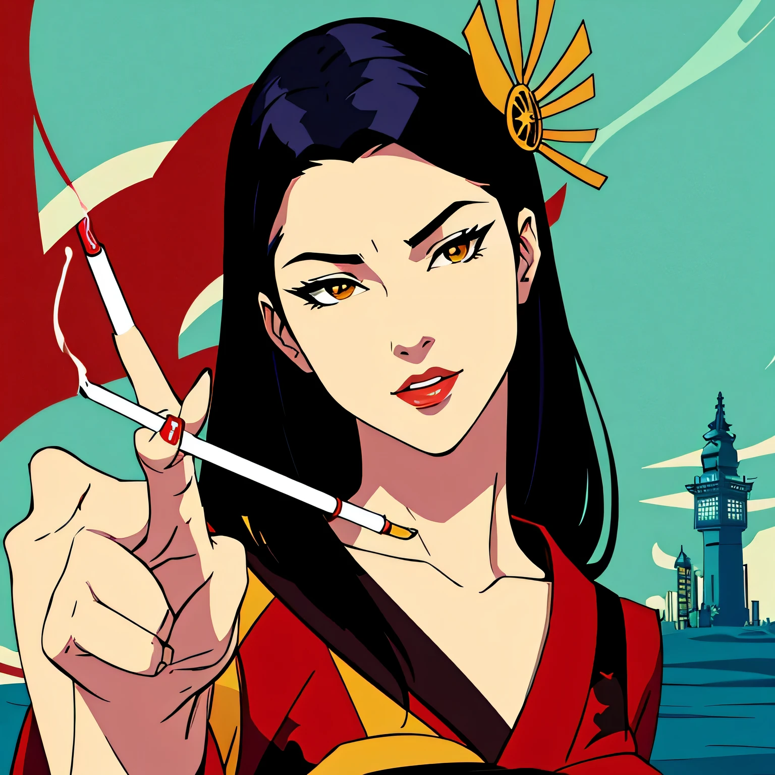 Geisha pointing to the left、Beauty、marijuana、CBD、cigarette、White world