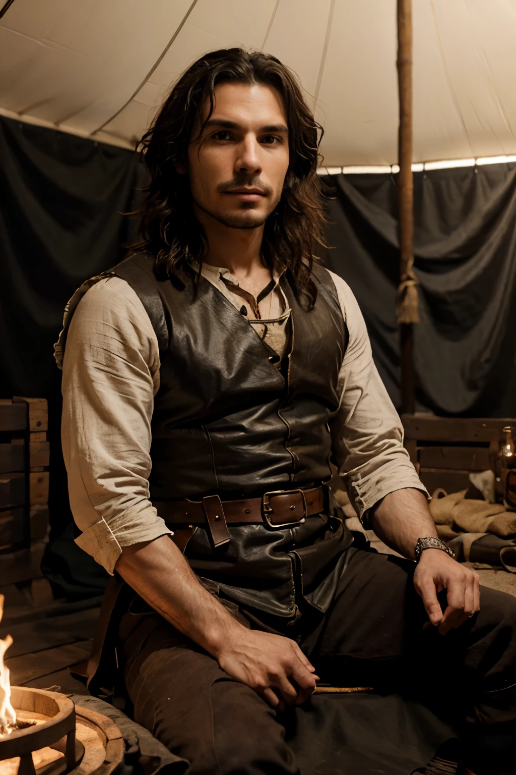 Very realistic Santiago Cabrera in musketeers costume sit on wodden chest in medieval tent with fire bracer