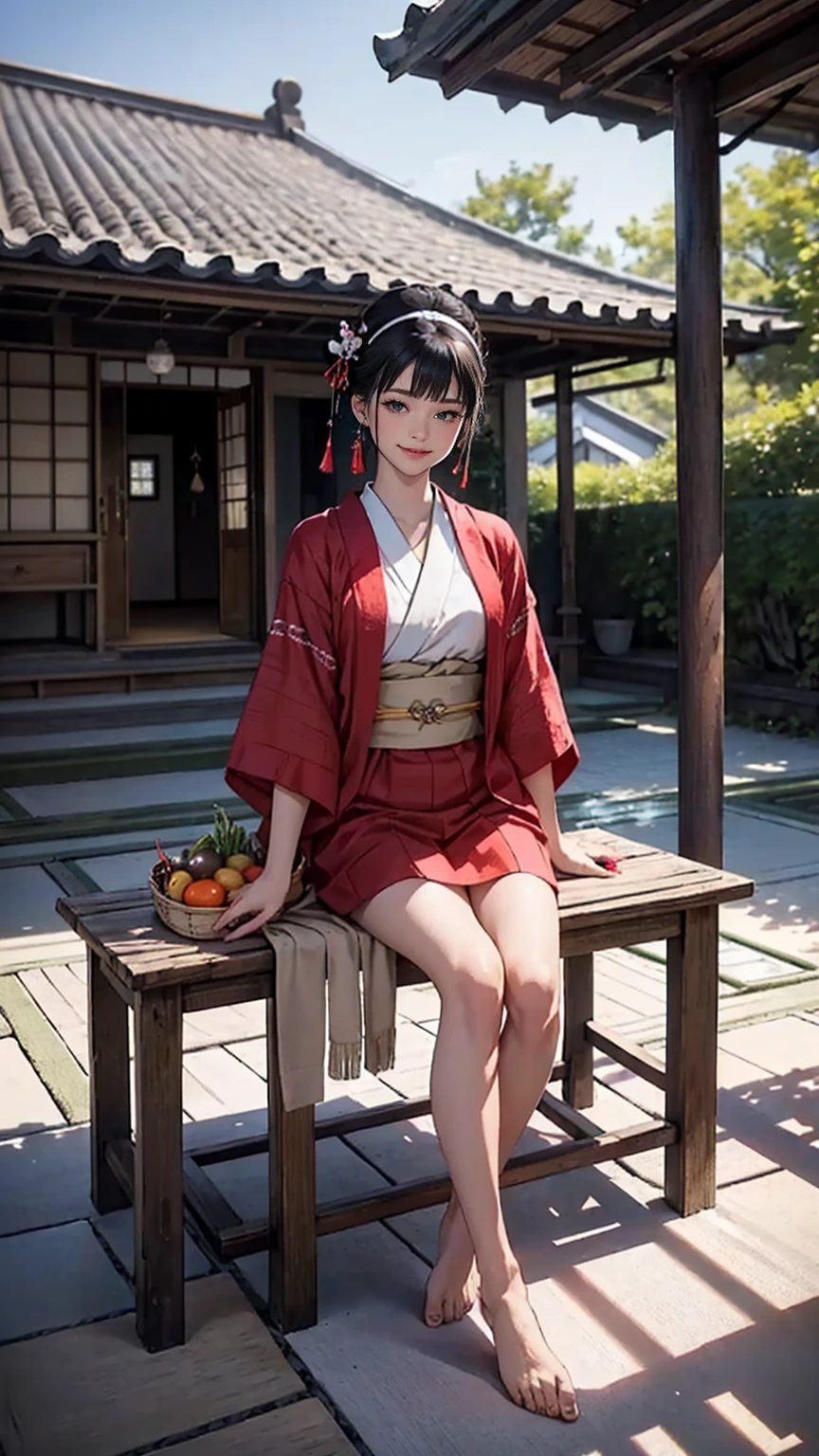 ((最high quality, 8K, masterpiece: 1.3, Ultra HD, high quality, 最high quality, High resolution, realism)) 、A stunningly beautiful 22-year-old Japanese woman、hair color is black、black eye、medium hair、straight hair、smile、Slender but well-proportioned muscular body、Athlete-like body type、I don&#39;t want my head to disappear from the screen.、Wearing accessories on your wrist、Wearing red nail polish、I have a peticure、Sitting on the veranda of a Japanese house in the Japanese countryside、It&#39;s summer、A wind chime is hung in front of the eaves.、barefoot、There is a basket full of tomatoes and carrots on the veranda.、The basket is made of woven bamboo strips、A courtyard spreads out in front of the verandah.、There is a well with a hand pump in the courtyard.、wear a yukata、smile((smile))、hair band((hair ribbon))