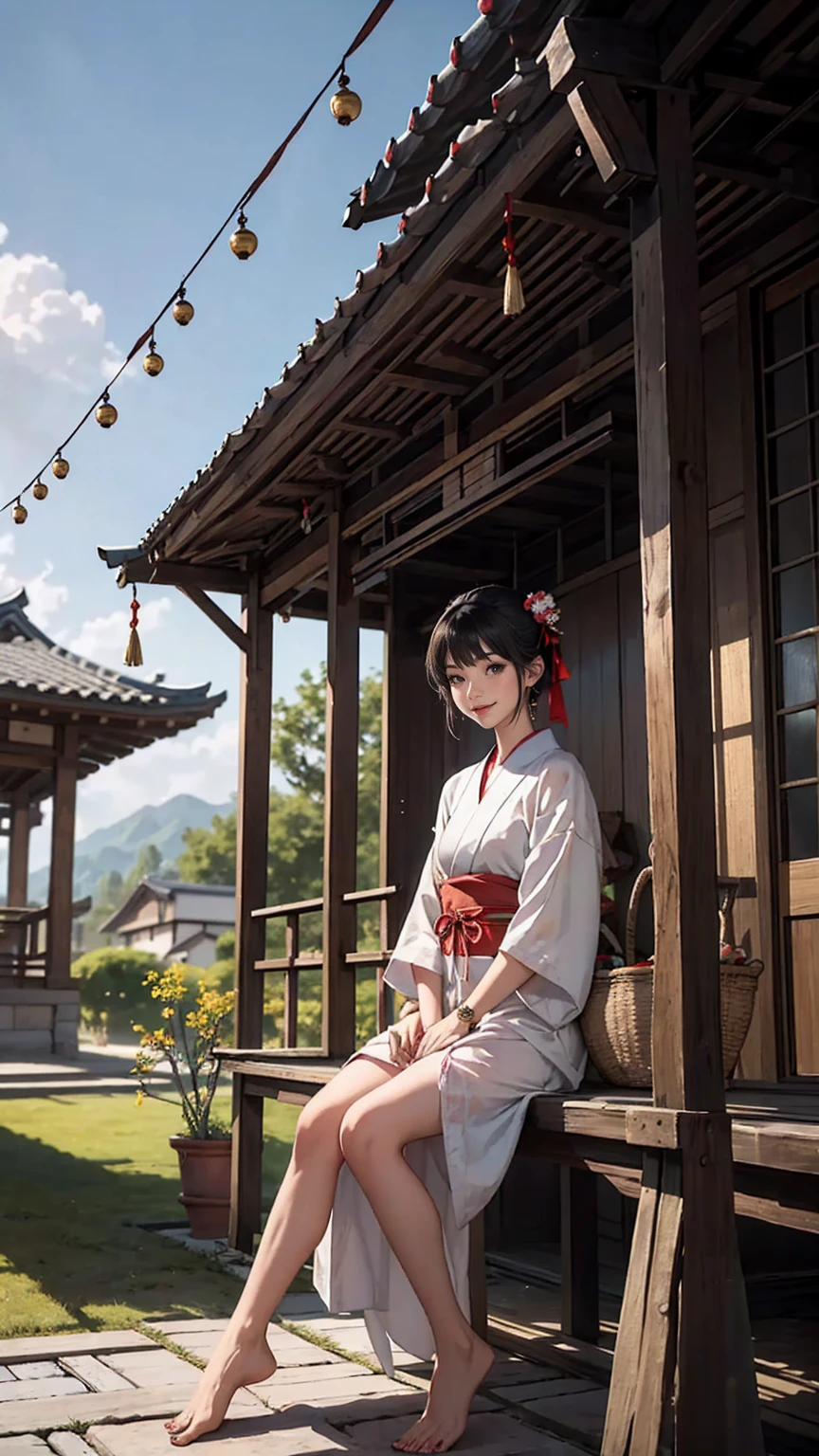 ((最high quality, 8K, masterpiece: 1.3, Ultra HD, high quality, 最high quality, High resolution, realism)) 、A stunningly beautiful 22-year-old Japanese woman、hair color is black、black eye、medium hair、straight hair、smile、Slender but well-proportioned muscular body、Athlete-like body type、I don't want my head to disappear from the screen.、Wearing accessories on your wrist、Wearing red nail polish、I have a peticure、Sitting on the veranda of a Japanese house in the Japanese countryside、It's summer、A wind chime is hung in front of the eaves.、barefoot、There is a basket full of tomatoes and carrots on the veranda.、The basket is made of woven bamboo strips、A courtyard spreads out in front of the verandah.、There is a well with a hand pump in the courtyard.、wear a yukata、smile((smile))、hair band((hair ribbon))