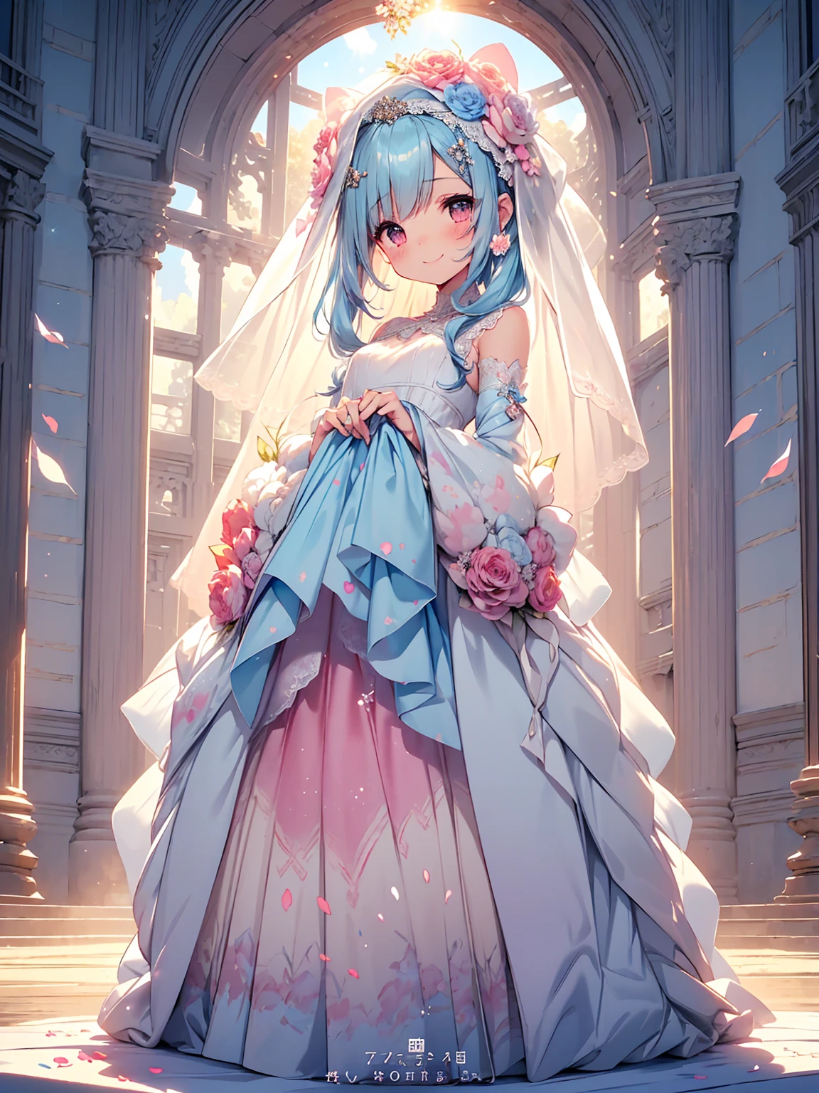 masterpiece, best quality, extremely detailed, (illustration, official art:1.1), 1 girl ,(((( light blue long hair)))), light blue hair, ,10 years old, long hair ((blush)) , cute face, big eyes, masterpiece, best quality,(((((a very delicate and beautiful girl))))),Amazing,beautiful detailed eyes,blunt bangs((((little delicate girl)))),tareme(true beautiful:1.2), sense of depth,dynamic angle,affectionate smile, (true beautiful:1.2),,(tiny 1girl model:1.2),(flat chest)),
Soft Focus , (Bright gradient watercolor :1.5, Lens Flare:1.5 , Glitter :1.5), Glow , Dreamy Grid illusion, Colorful, girl、((extremely detailed eye:1.5)),ace Zoom:1.5,,(((masterpiece、top-quality、top-quality、watercolor paiting)))(Curly)、Official art、Beautifully Aesthetic:1.2)、,(Fractal Art:1.3)、(1 solo girl), inside the church infront of church pulpit, (loli housewife, small girl, full body, depth of view, and short figure girl, cute and , perfect woman, mature aura:1.5), (masterpiece, best quality, HD Pictures, 4K:1.1), 1girl, solo, outdoor, very long hair, bangs, gentle look, gentle smile, gentle eyes, mature looking, pinkish cheeks, very detailed eyes, very detailed pupils, detailed face, detailed ruby red eyes, full body, look up to viewer,(happy gentle face, warm smile, wearing wedding dress, voluminous wedding skirt, transparent wedding veil, floral head accessories, blushing red cheeks:1.3), (gentle smile and gentle look towarda viewer, both arms opened reaching for viewer:1.4)