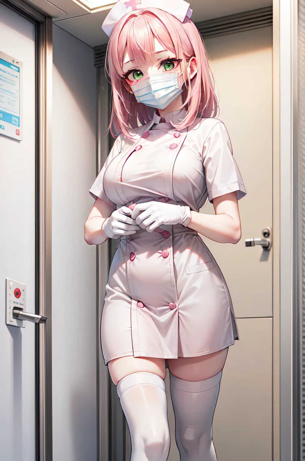 1girl, solo, nurse, white nurse cap, white nurse uniform, ((white legwear, zettai ryouiki)), white gloves, pink hair, green eyes, drooping eyes, ((white surgical mask, covered nose)), standing, ((hospital room)), sharp outline, short sleeves, best quality, masterpiece