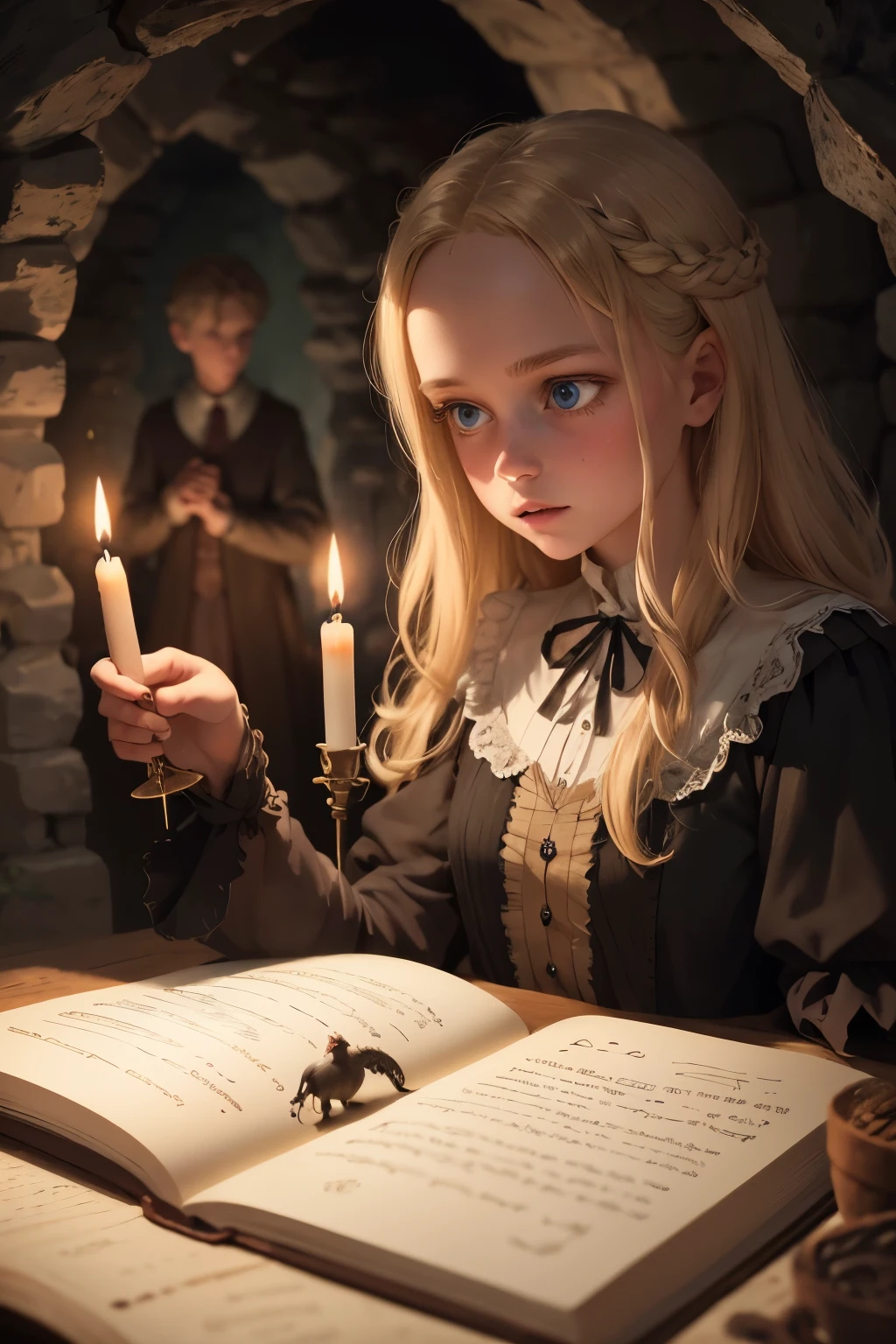 illustration of 15 years old Virginia Otis blonde hair blue eyes youngest cute face, from the Canterville Ghost, furtively observing a group of followers of the Goddess Freia who are celebrating a forbidden ritual inside a mysterious cave. We are sure that only a talented artist like you will be able to capture the essence of this magical and mysterious encounter. Your drawing will be fundamental for the creation of a unique publication, which combines the gothic atmosphere and the charm of the supernatural. Remember to add evocative details, such as candle flames dancing in the dark, shadows moving ominously along the rock walls, and Virgin Otis' claws clinging to the stone. Highlight the aura of mystery and emotion that this forbidden encounter evokes.