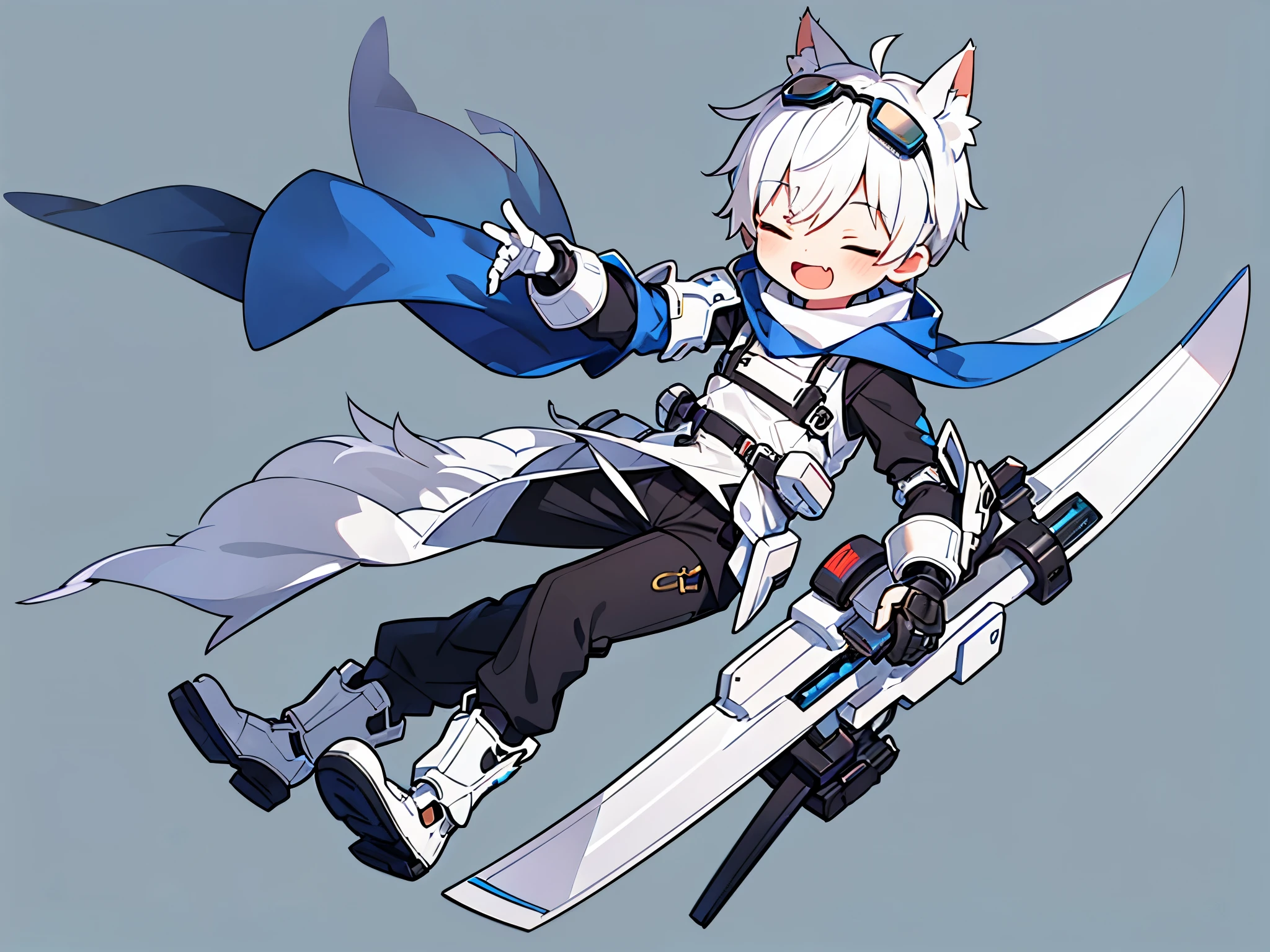 ((1 boy))，solo，illustration，wolf ears，((blue ski goggles on head)) , Open your mouth，close one eye,(transparent background)，(Blue and white full body mechanical armor)，turtleneck bodysuit，scarf，white boots, anatomically correct，forward bend