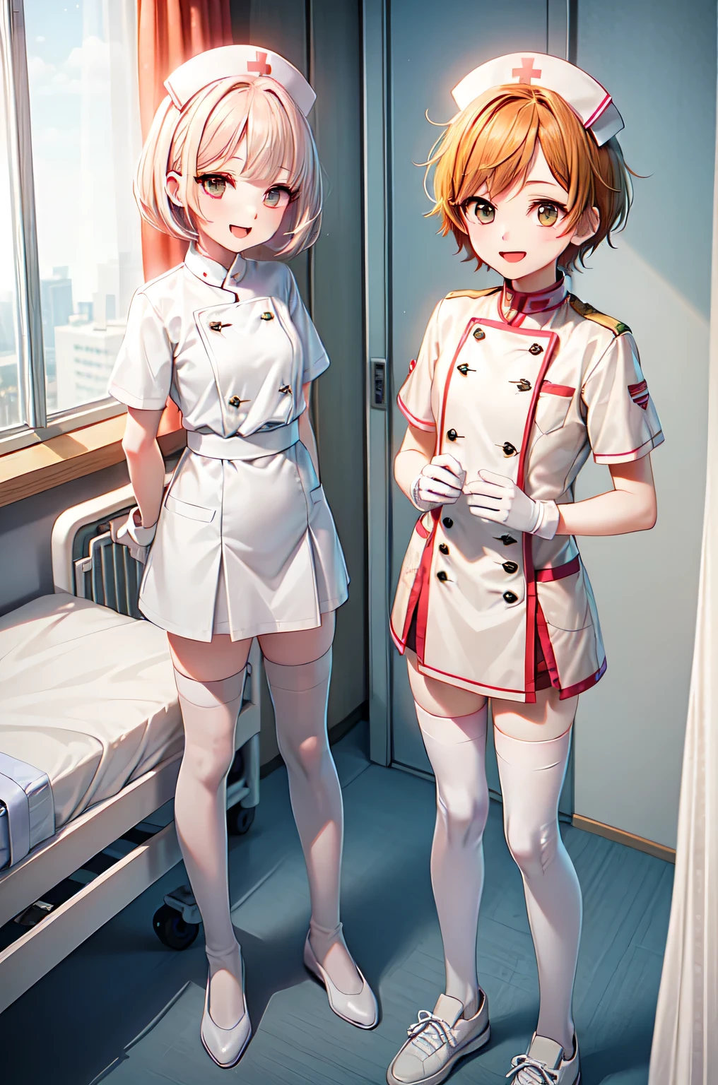 1boy, solo, male focus, nurse, white nurse cap, white nurse uniform, ((white legwear, zettai ryouiki)), white gloves, short hair, orange hair, smile, open mouth, standing, ((hospital room)), sharp outline, short sleeves, shota, , best quality, masterpiece