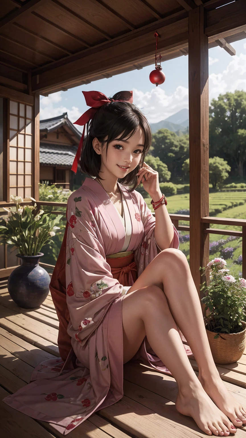 ((最high quality, 8K, masterpiece: 1.3, Ultra HD, high quality, 最high quality, High resolution, realism)) 、A stunningly beautiful 22-year-old Japanese woman、hair color is black、black eye、medium hair、straight hair、smile、Slender but well-proportioned muscular body、Athlete-like body type、I don&#39;t want my head to disappear from the screen.、Wearing accessories on your wrist、Wearing red nail polish、I have a peticure、Sitting on the veranda of a Japanese house in the Japanese countryside、It&#39;s summer、A wind chime is hung in front of the eaves.、barefoot、There is a basket full of tomatoes and carrots on the veranda.、The basket is made of woven bamboo strips、A courtyard spreads out in front of the verandah.、There is a well with a hand pump in the courtyard.、wear a yukata、smile((smile))、hair band((hair ribbon))