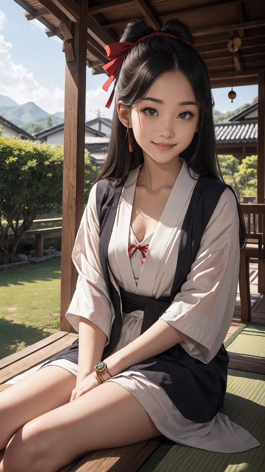 ((最high quality, 8K, masterpiece: 1.3, Ultra HD, high quality, 最high quality, High resolution, realism)) 、A stunningly beautiful 22-year-old Japanese woman、hair color is black、black eye、medium hair、straight hair、smile、Slender but well-proportioned muscular body、Athlete-like body type、I don&#39;t want my head to disappear from the screen.、Wearing accessories on your wrist、Wearing red nail polish、I have a peticure、Sitting on the veranda of a Japanese house in the Japanese countryside、It&#39;s summer、A wind chime is hung in front of the eaves.、barefoot、There is a basket full of tomatoes and carrots on the veranda.、The basket is made of woven bamboo strips、A courtyard spreads out in front of the verandah.、There is a well with a hand pump in the courtyard.、wear a yukata、smile((smile))、hair band((hair ribbon))