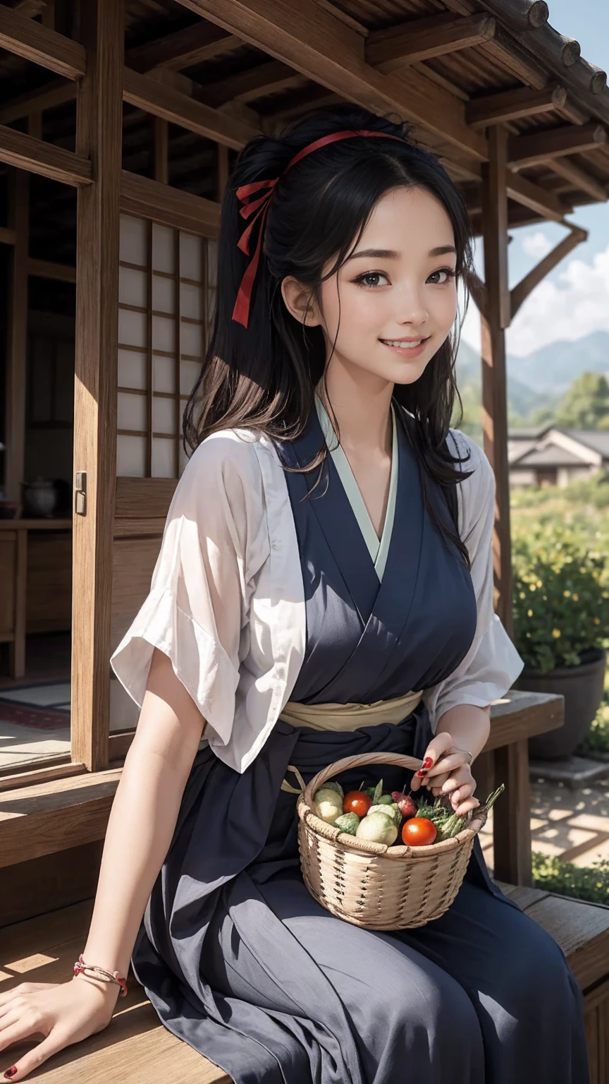"Create an image of Chi-Chi in her classic outfit from Dragon Ball, no having clothes,wearing her traditional blue dress with red accents, have massive k-cups, standing in front of her family's mountain home with the Ox-King's castle in the background."
