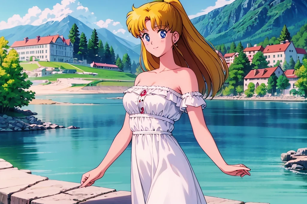 1990s \(style\), masterpiece, best quality, highres, outdoors, small breasts, 1 girl, Solo, UsagiTsukino, Blue Eyes, Beautiful Detail Eyes, Yellow Medium Hair, Straight Hair, Good hands are down, Smile, Blushing, Bare Neck, Bare Shoulders, strapless, White Ruffle Off-the-Shoulder maxi dress. Cowboy shot. A landscape of blue skies, a mountain, a far away mansion, a lake and a green valley. In the center. Walking in bare feets.