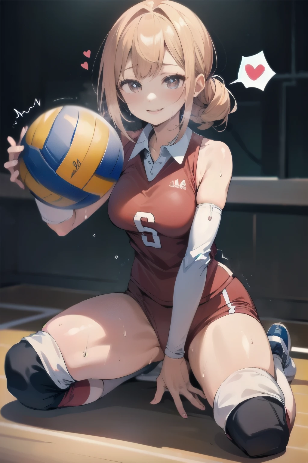 unity 8k wallpaper, anatomically correct, (((masterpiece))), (((best quality))), (((ultra detailed))), (((high-resolution))), ((Ultimate cutie)), perfect hands, perfect finger, (((good anatomy))), detailed beautiful face, shiny hair, (((gyaru))), (potbelly), (curvy), medium breasts, ((Thick thighs)), (((solo))), ((seductive smile)), (((blush))), (Eyes are heart marks), (heart shaped pupils), ((trembling)),
BREAK, (((sit astride the perfectly spherical shape 6-inch volleyball))), (((Straddling a perfectly spherical 6" volleyball))), (((Perfectly spherical 6" volleyball fits perfectly crotch))), BREAK, (((Rub the Perfectly spherical 6" volleyball against crotch))), (masturbation),
BREAK, adidas, (Collared volleyball uniforms), sleeveless, ((buruma)), ((kneepad)), ((pussy juice stained)), (elbow pad), (((sweat))), (((covered in sweat))), ((deep breathing)), in Volleyball Court, indoor, lighting, looking at viewer, full body, (spoken heart)