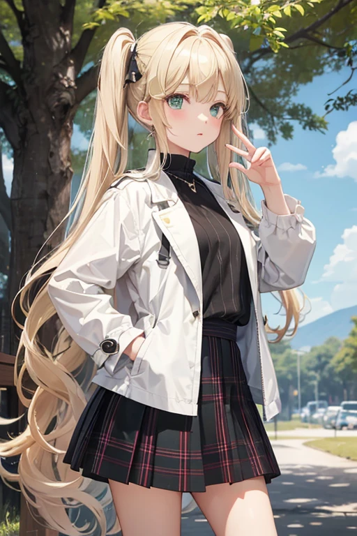 whole body、(8K, highest quality, masterpiece:), precise fingers、random pose、long hair girl, twin tails、thick bangs, Medium chest、ash blonde hair, neutral expression, green eyes, white skin, Peering into the distance、Trench coat x checked pattern skirt