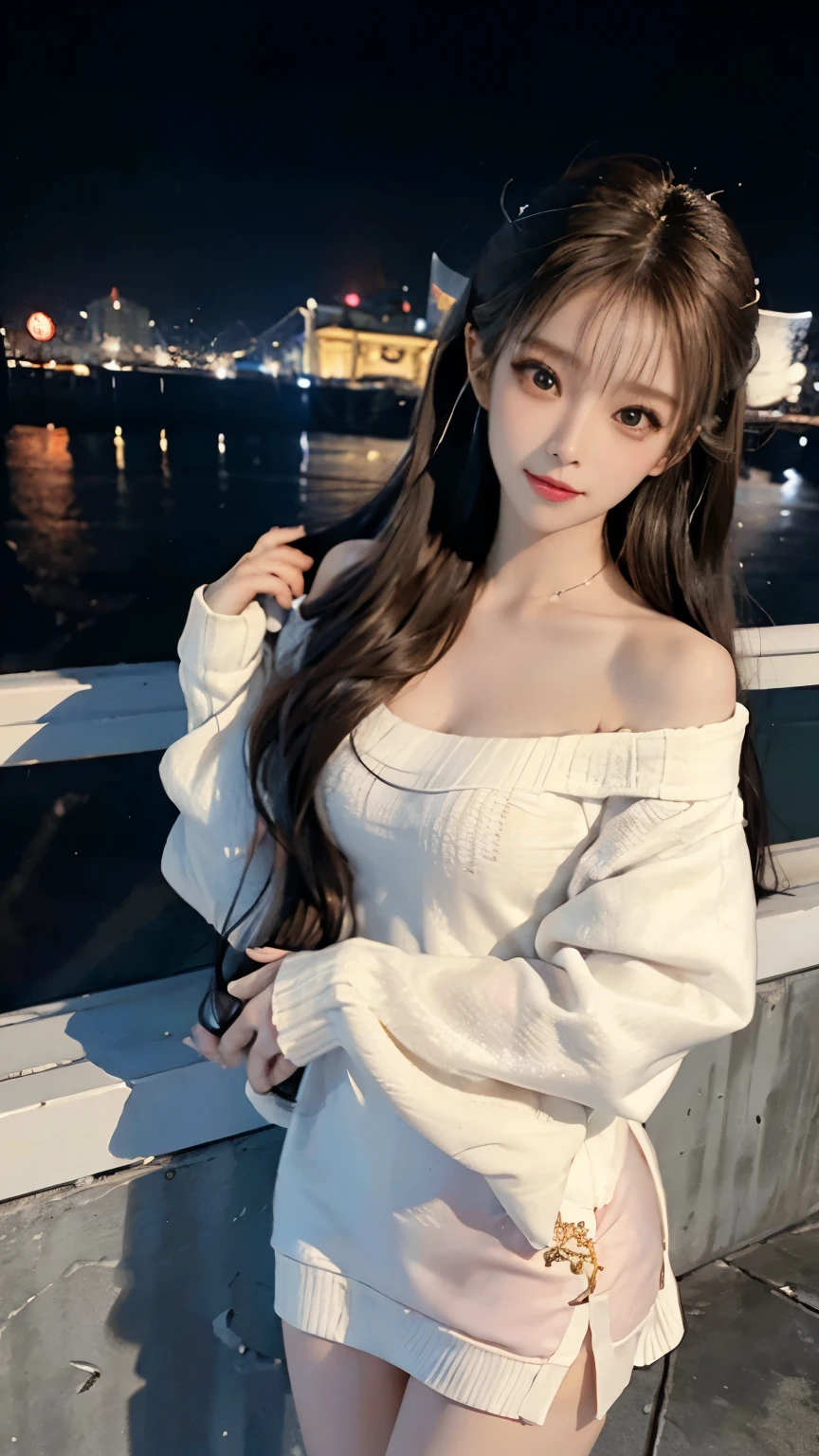 A beautiful Chinese girl wearing an off-shoulder white sweater dress and black pantyhose,Height 160,Weight 45kg,Perfect body,fairer complexion,Oval face,Deep facial features,Long brown hair,A confident smile,A little blush on face,light pink eyeshadow,night time,Posing against the railing on the observation deck,Realistic style,masterpiece
