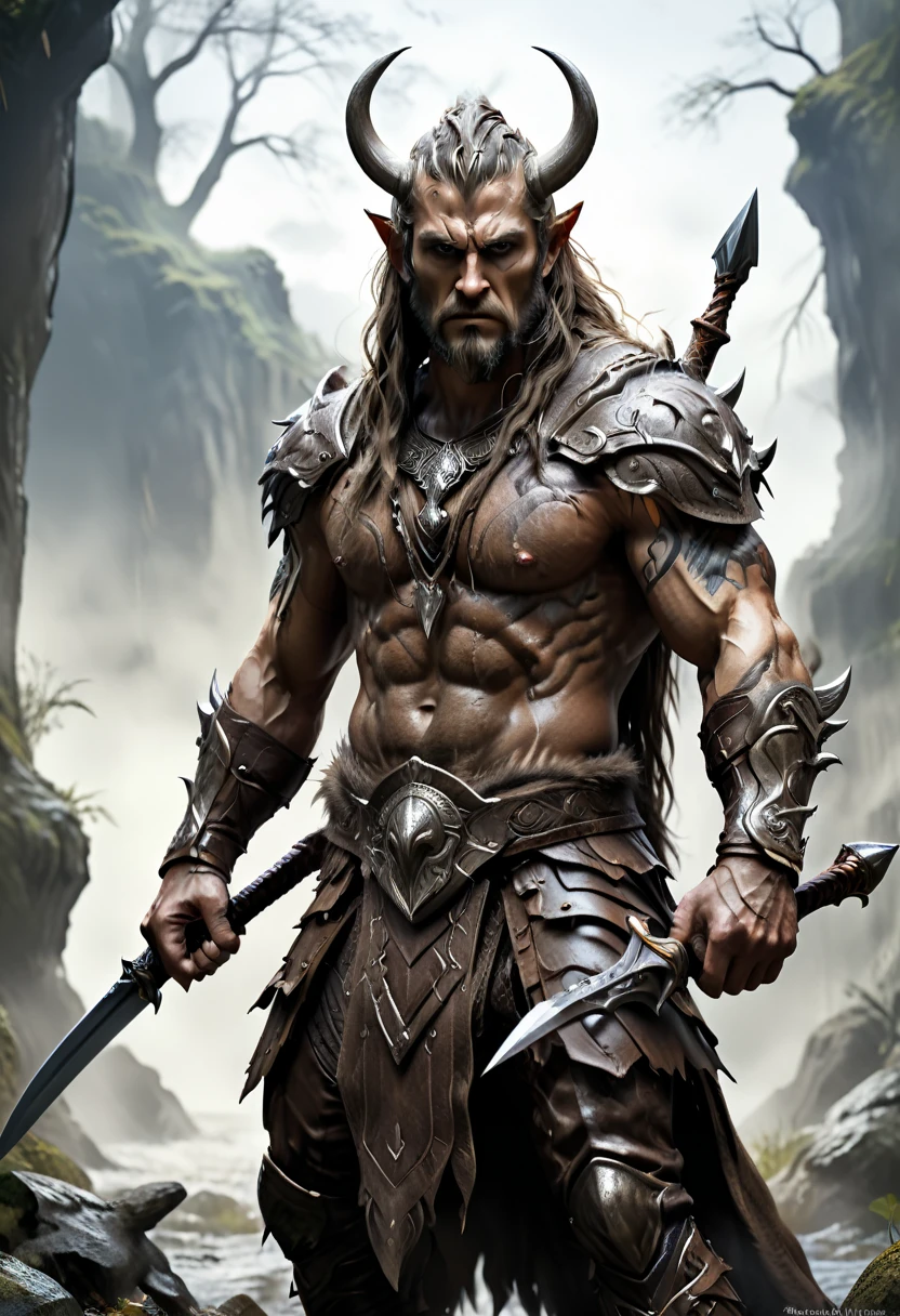 A man in a brown outfit with a horned head and a sword, very detailed character, viking warrior, epic viking king, Norse ancient epic hero, muscular long-haired with tattoo Filipino God of War, model shooting style, (extremely detailed CG 8k wallpaper), body photo of the most beautiful work of art in the world, medieval armor, body portrait, Nimrod the first king of Babylon, hunter, barbarian, macho, majestic professional oil painting by Ed Blinky, Atey Gaylan, Studio Ghibli, Jeremy Mann, Greg Munchess, Antonio Moro, trend on ArtStation, trend in CGSociety, difficult, High detail, sharp focus, dramatic and photorealistic painting by Midjorney and Greg Rutkowski