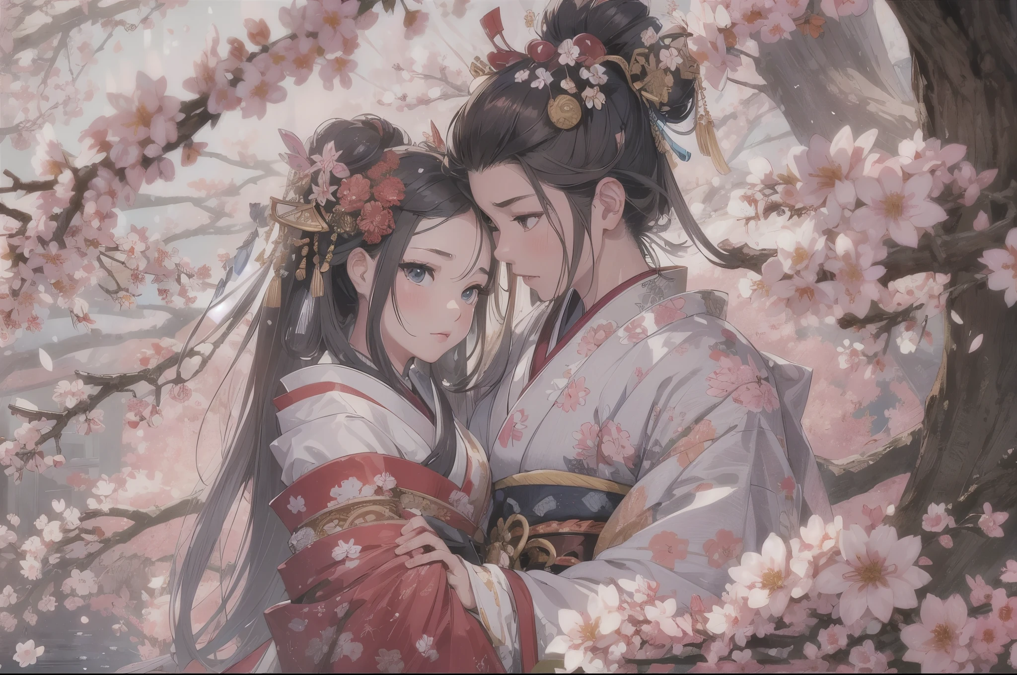 (best quality,4k,8k,highres,masterpiece:1.2),ultra-detailed,(realistic,photorealistic,photo-realistic:1.37),geisha and samurai couple, boy and girl ,meeting in a sakura garden, traditional Japanese scene, breathtakingly beautiful geisha, fierce and noble samurai, delicate cherry blossom petals floating in the air, vibrant colors, soft lighting, intricate kimono patterns, Japanese tea ceremony set in the background, poetic atmosphere, romantic ambiance, vivid cultural portrayal, traditional art style, graceful gestures, intense eye contact, peaceful and serene surroundings, focus on facial expressions and emotions, attention to fine details, elegant hairstyles, sparkling geisha accessories, stoic samurai armor, contrasting yet harmonious presence, poetic and symbolic representation, serene water feature reflecting cherry blossoms.