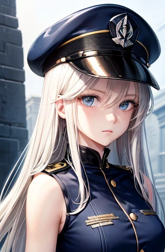 Platinum blonde straight medium-long hair and blue eyes、A white girl in a navy blue sleeveless military uniform and military cap Sharp look