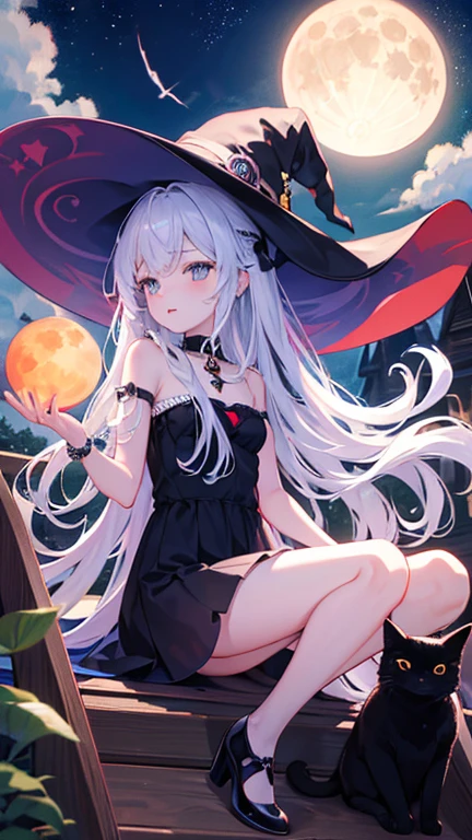 ultra high resolution、supreme masterpiece、witch、full moon、Black cat